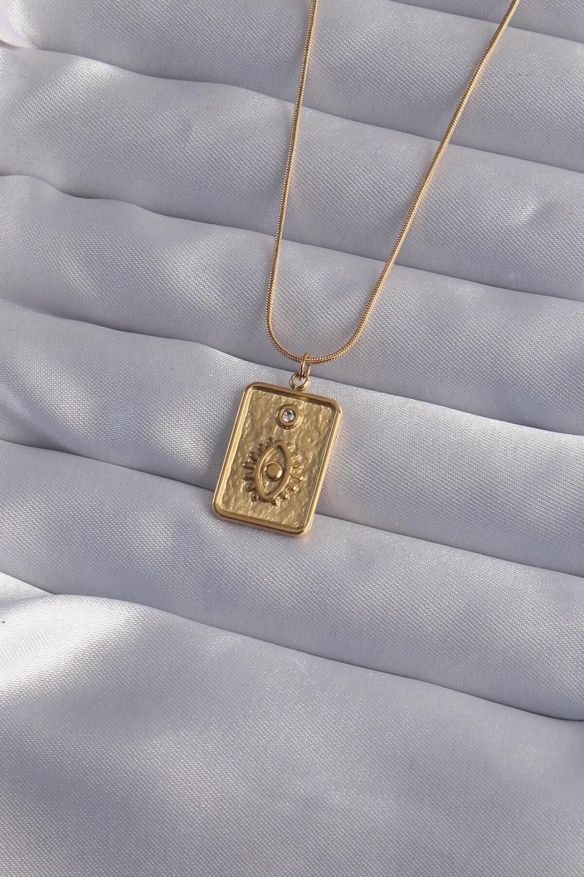 AfraBeauty 316L Çelik Zincir Gold Renk Zirkon Taşlı Göz Figür Tarot Kolye