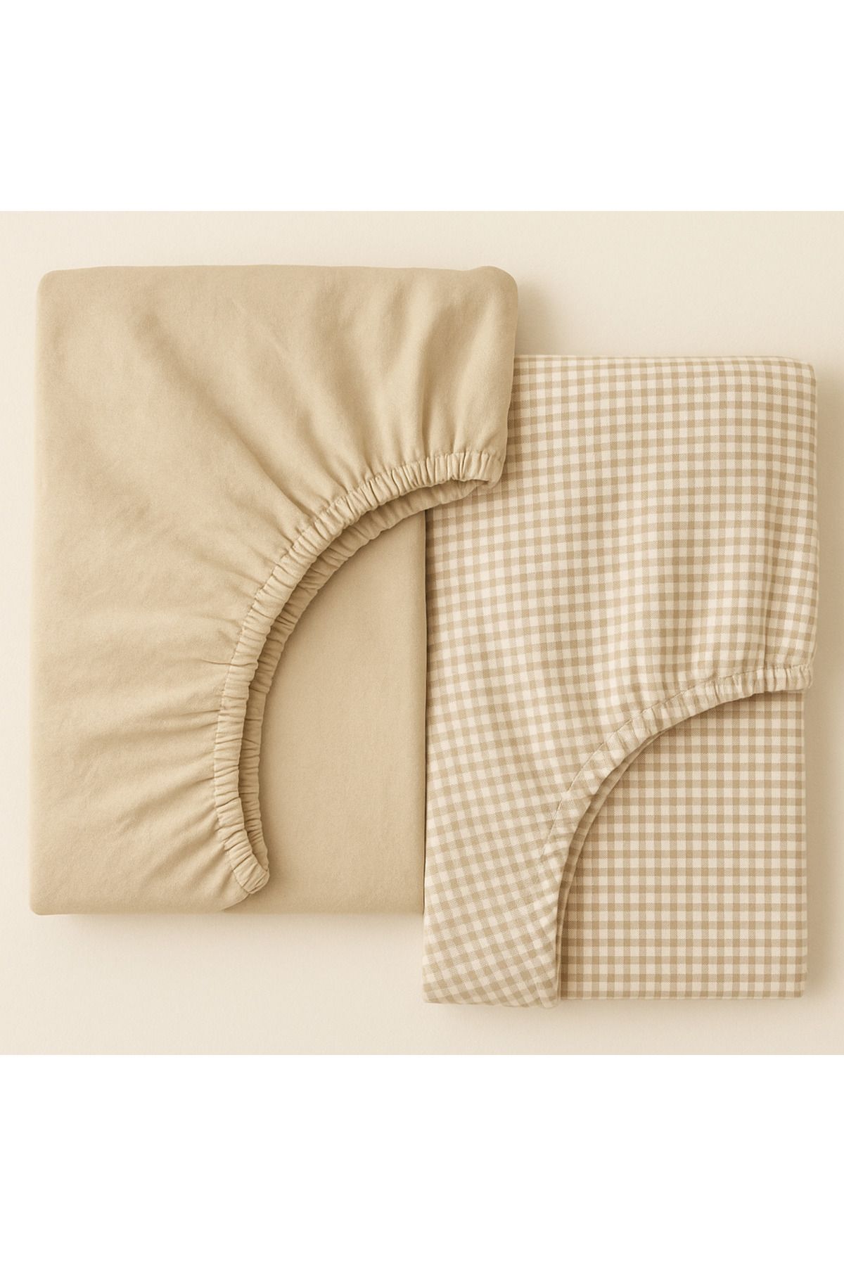 feyshadesign 2’li Beşik Çarşafı – Düz Bej & Pötikare Desen – Lastikli Pamuk Set (60x120 cm)