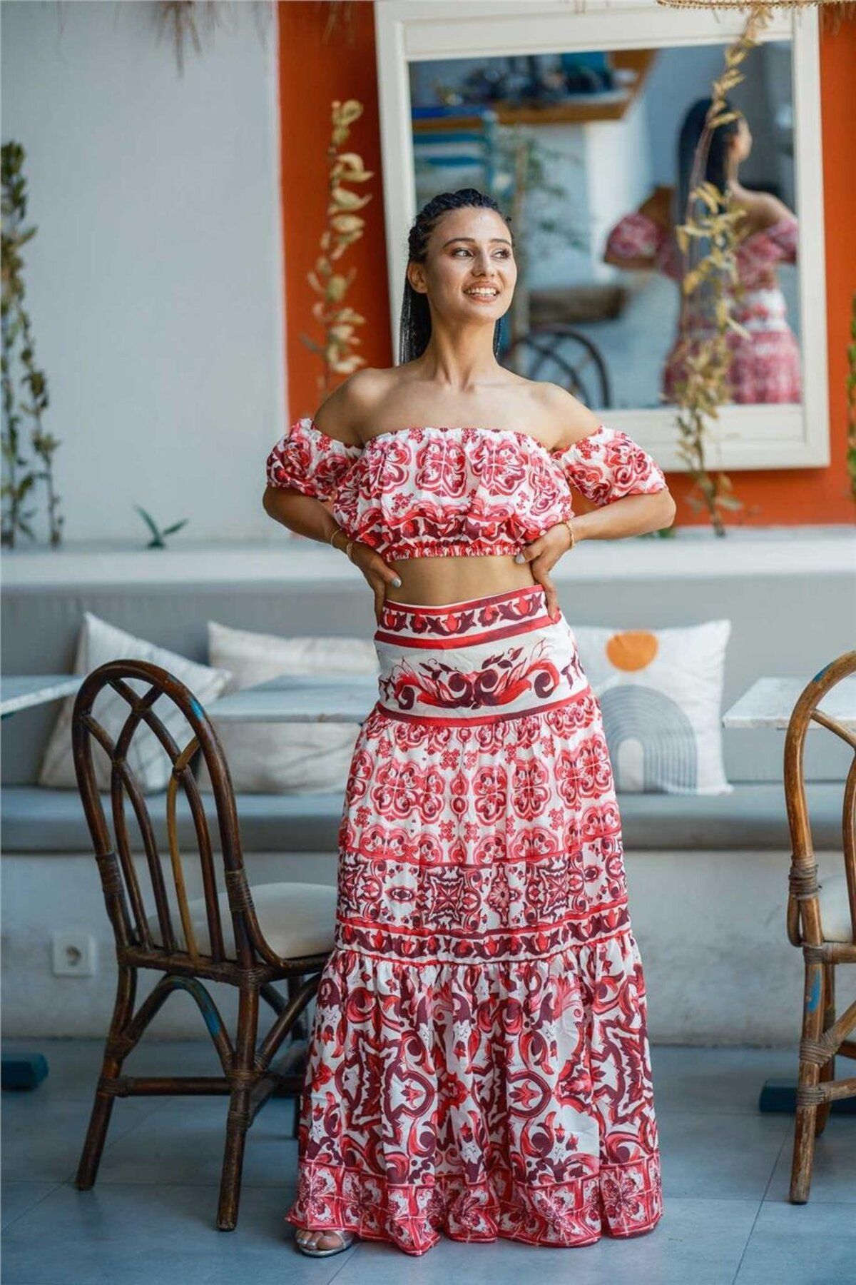 Miss Boheme Pembe Desenli Uzun Etek Crop Takım