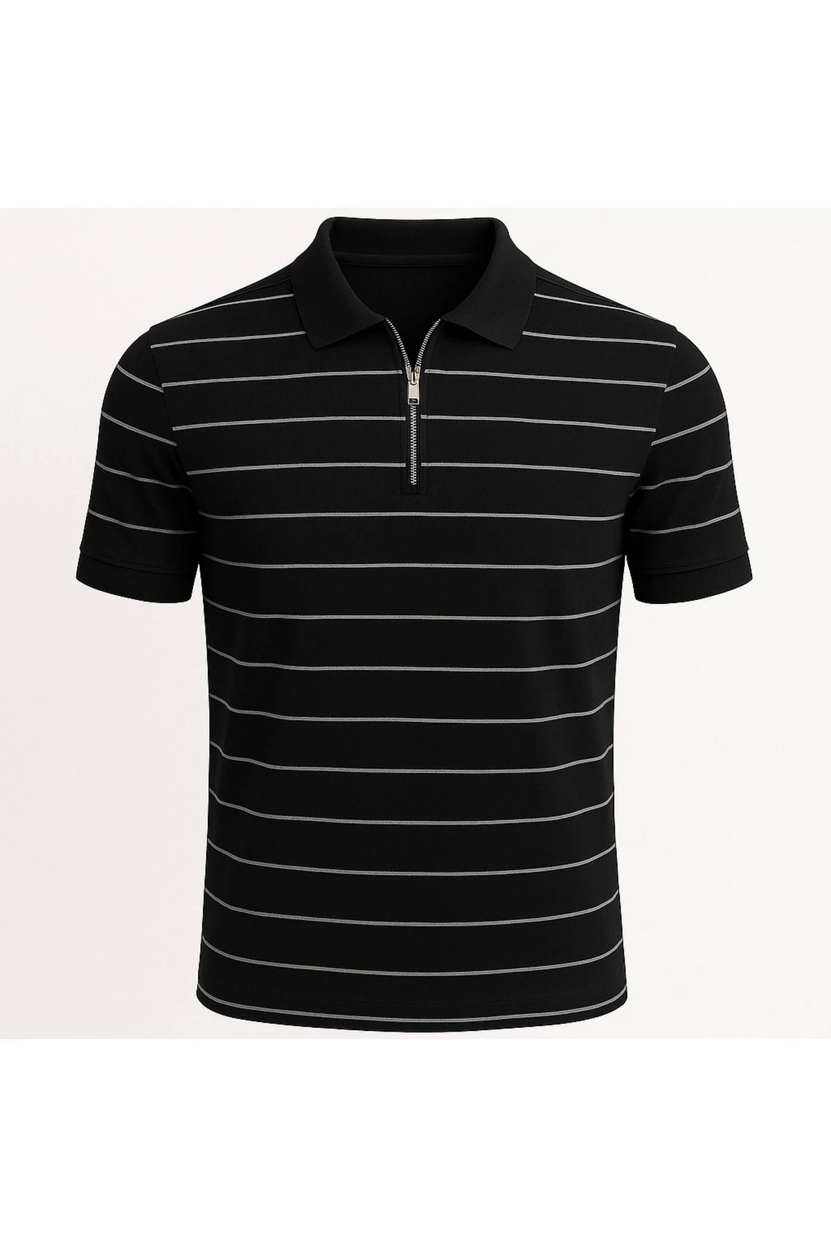LC Waikiki Polo Yaka Yarım Fermuar Yatay Çizgi Desenli Triko Erkek T-Shirt