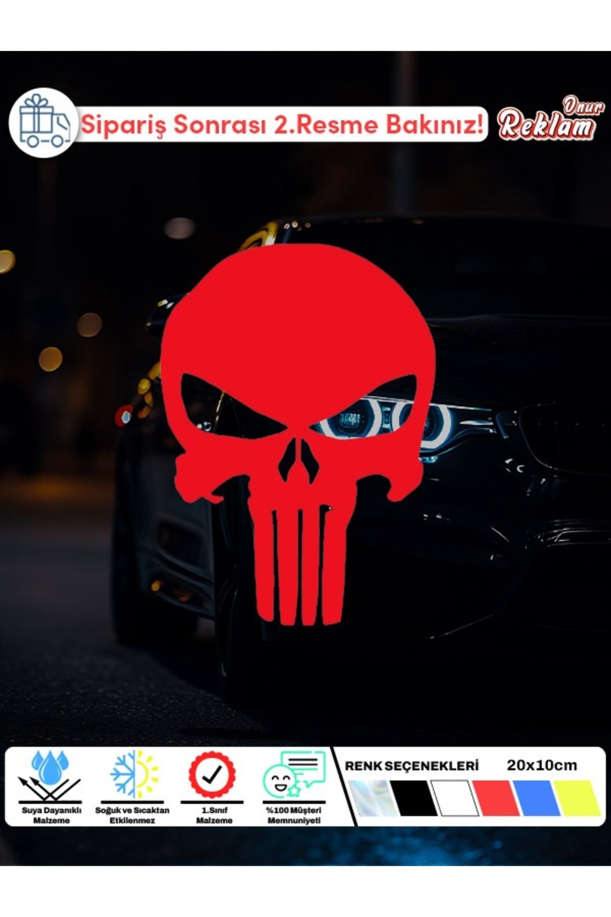 Onur Reklam Punisher Kafatası Sticker – Fosforlu & Renk Seçenekli – 20x10 cm
