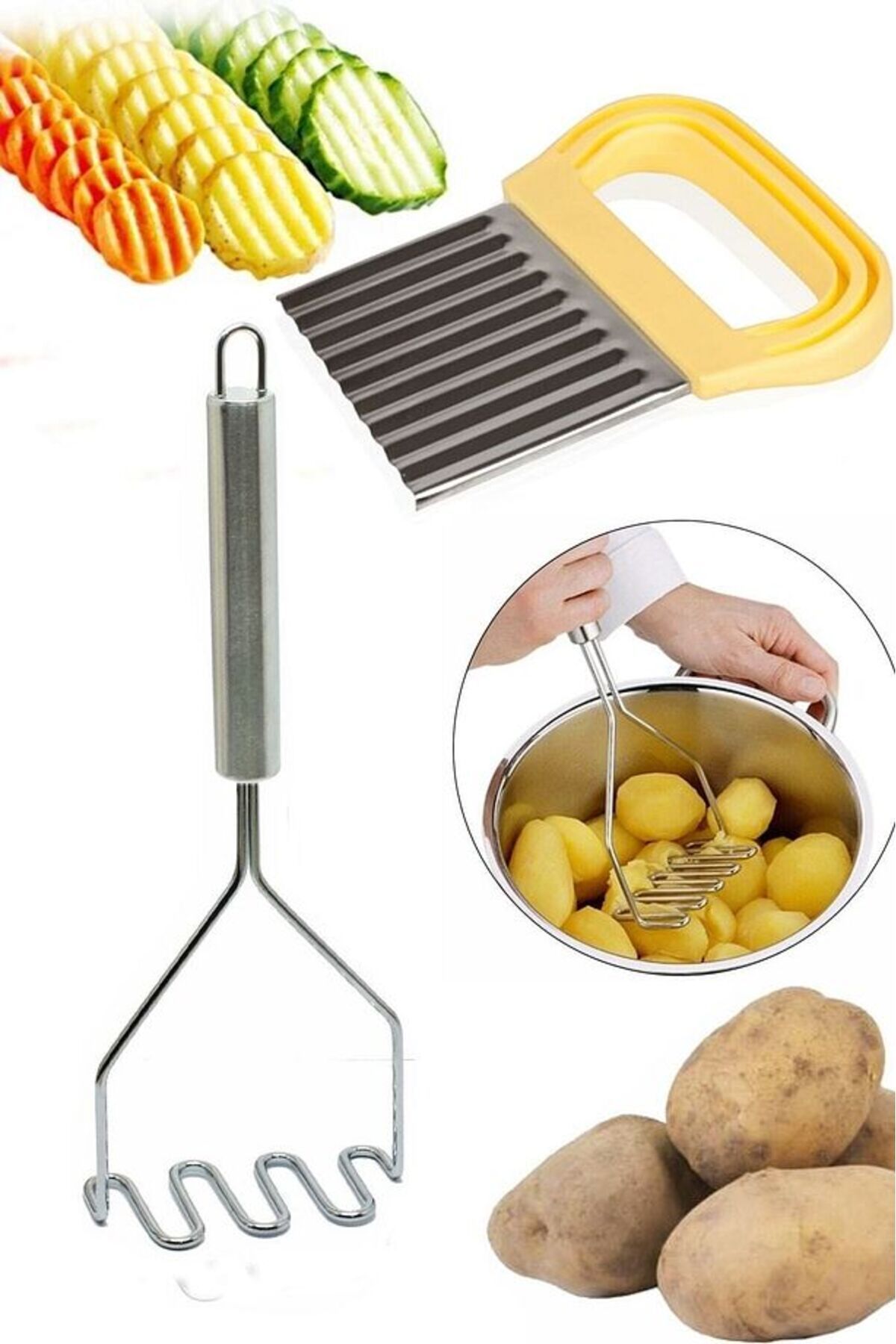 Assess Home Şekilli Patates Bıçağı + Metal Patates Ezici + Meyve Sebze Doğrama Dilimleme Cips Bıçağı