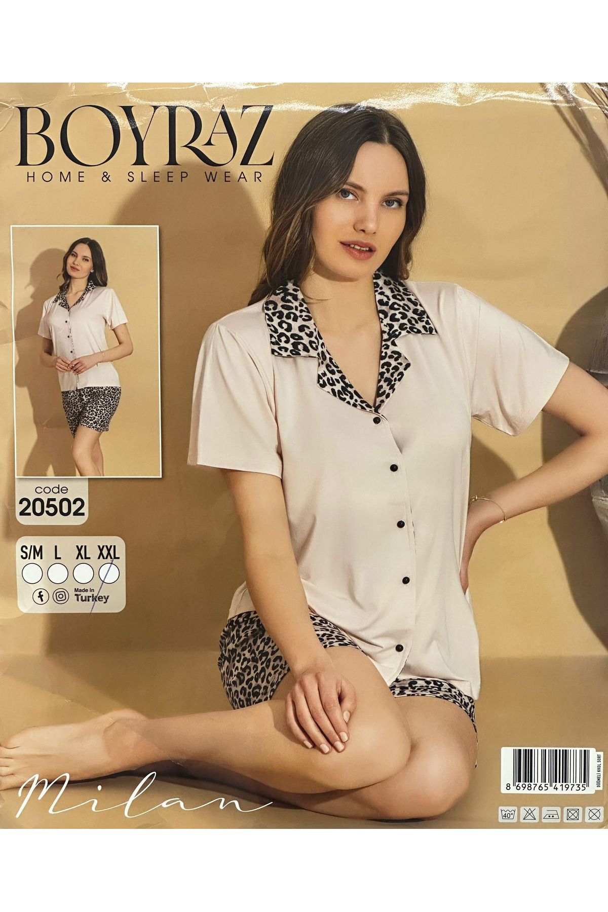 Pijamoni YENİ LEOPAR VE KREM RENGİN BULUŞTUĞU MİLAN KUMAŞ PİJAMA TAKIMI