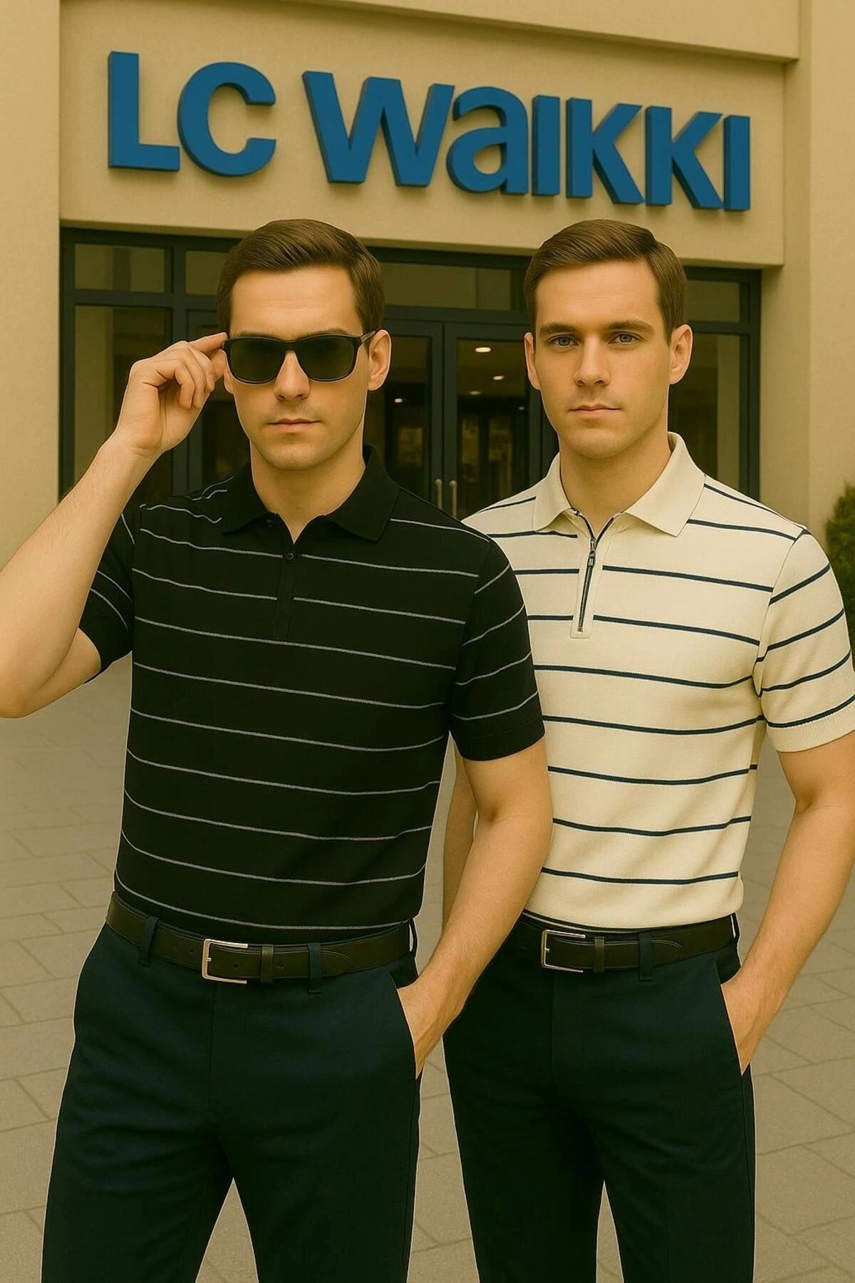 LC Waikiki 2'li Fırsat Polo Yaka, Fermuarlı, Modern Fit Kısa Kollu Erkek Çizgili Triko Tişört - Çizgili Tasarım