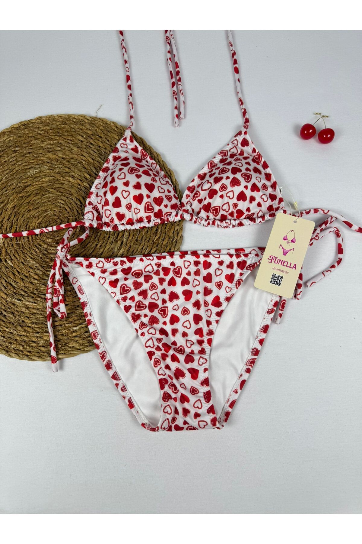 FUNELLA Likralı Kalp Desenli Üçgen Şık Kadın Bikini Takımı