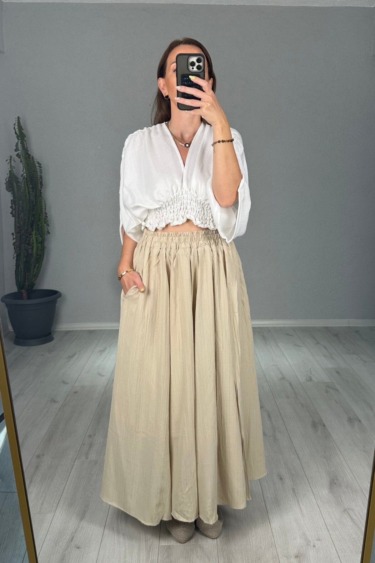 lady special Gofre Astarlı Cepli Uzun Etek