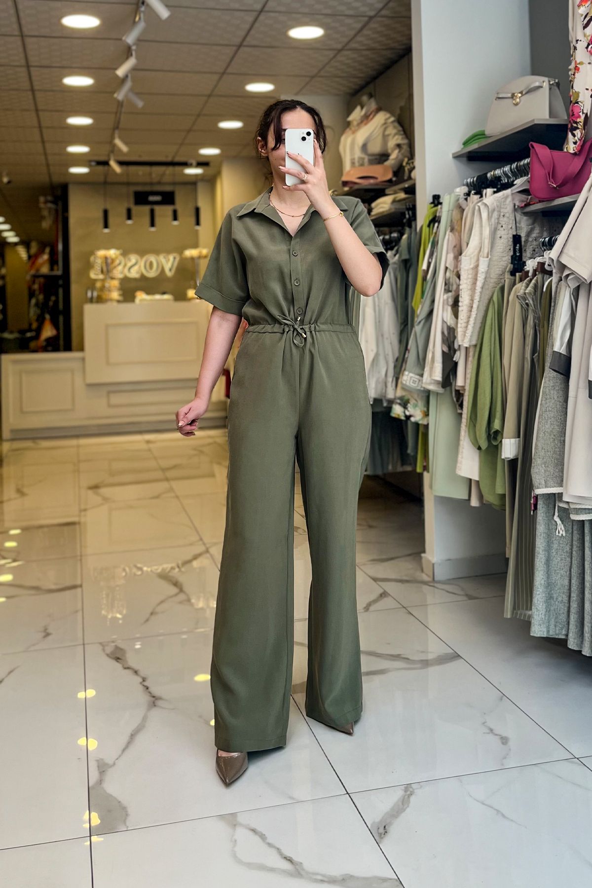 Vosse On Fashıon Haki Beli Büzgülü Tulum