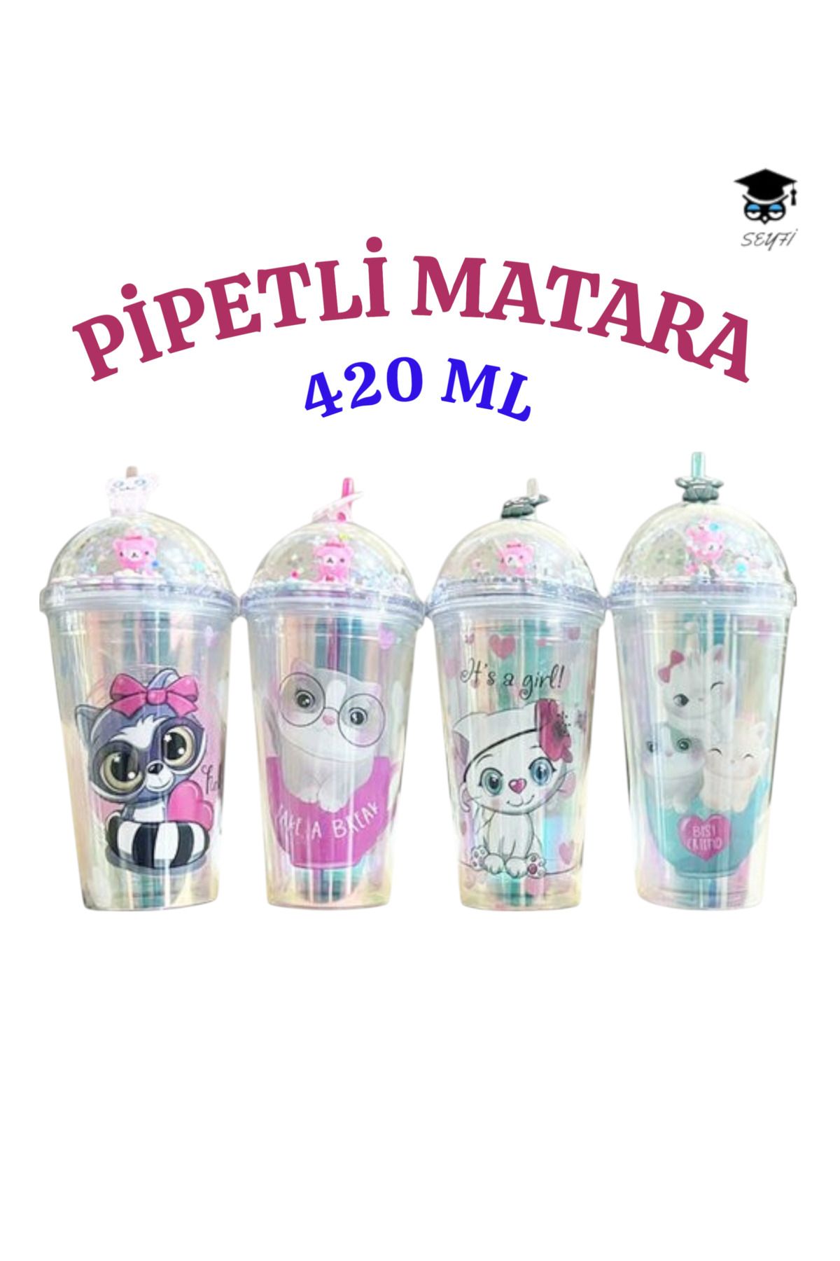 SEYFİKİRTASİYE 1 adet Desenli plastik pipetli bardak 420ml karma renk yollanmaktadır