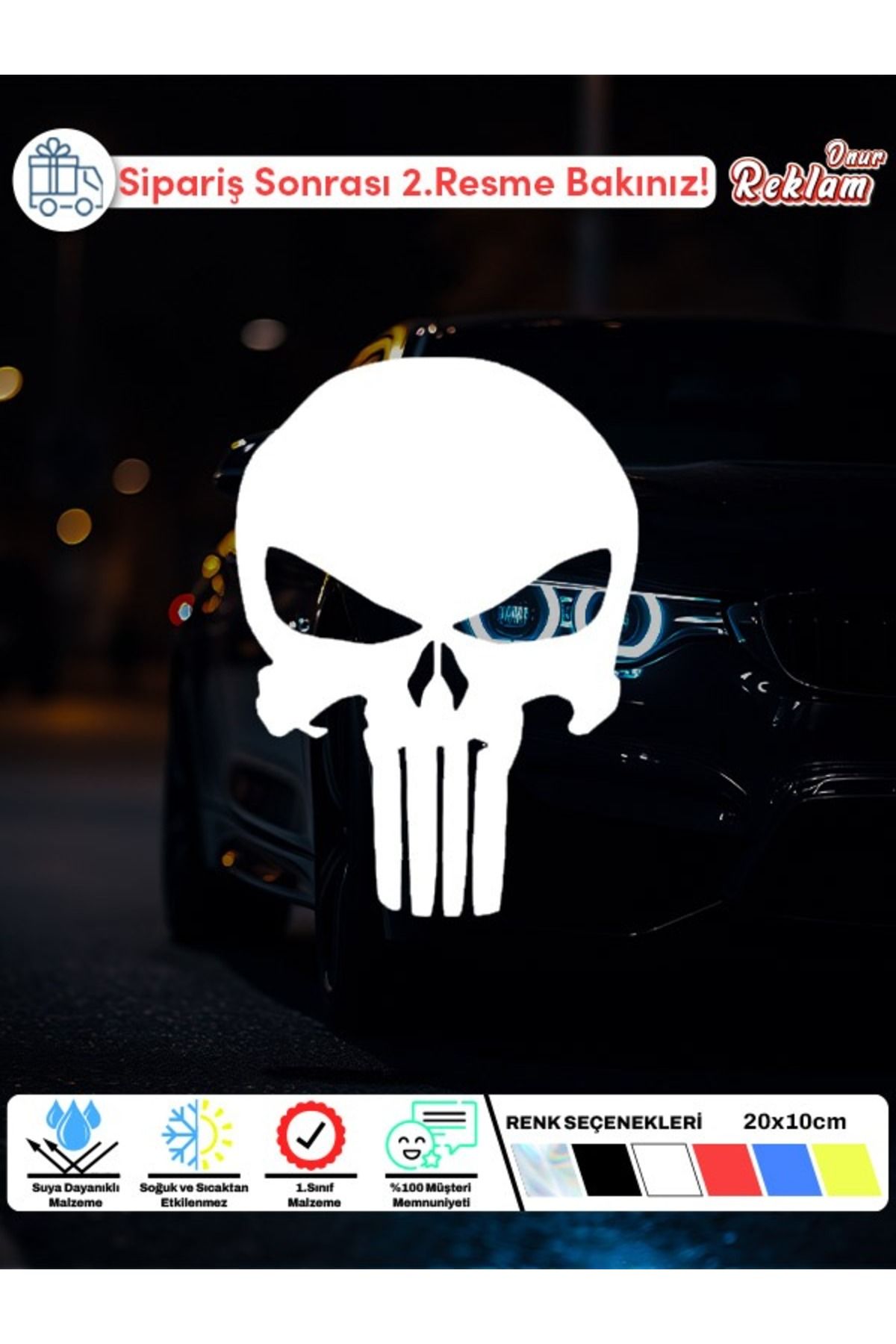 Onur Reklam Punisher Kafatası Sticker – Fosforlu & Renk Seçenekli – 20x10 cm