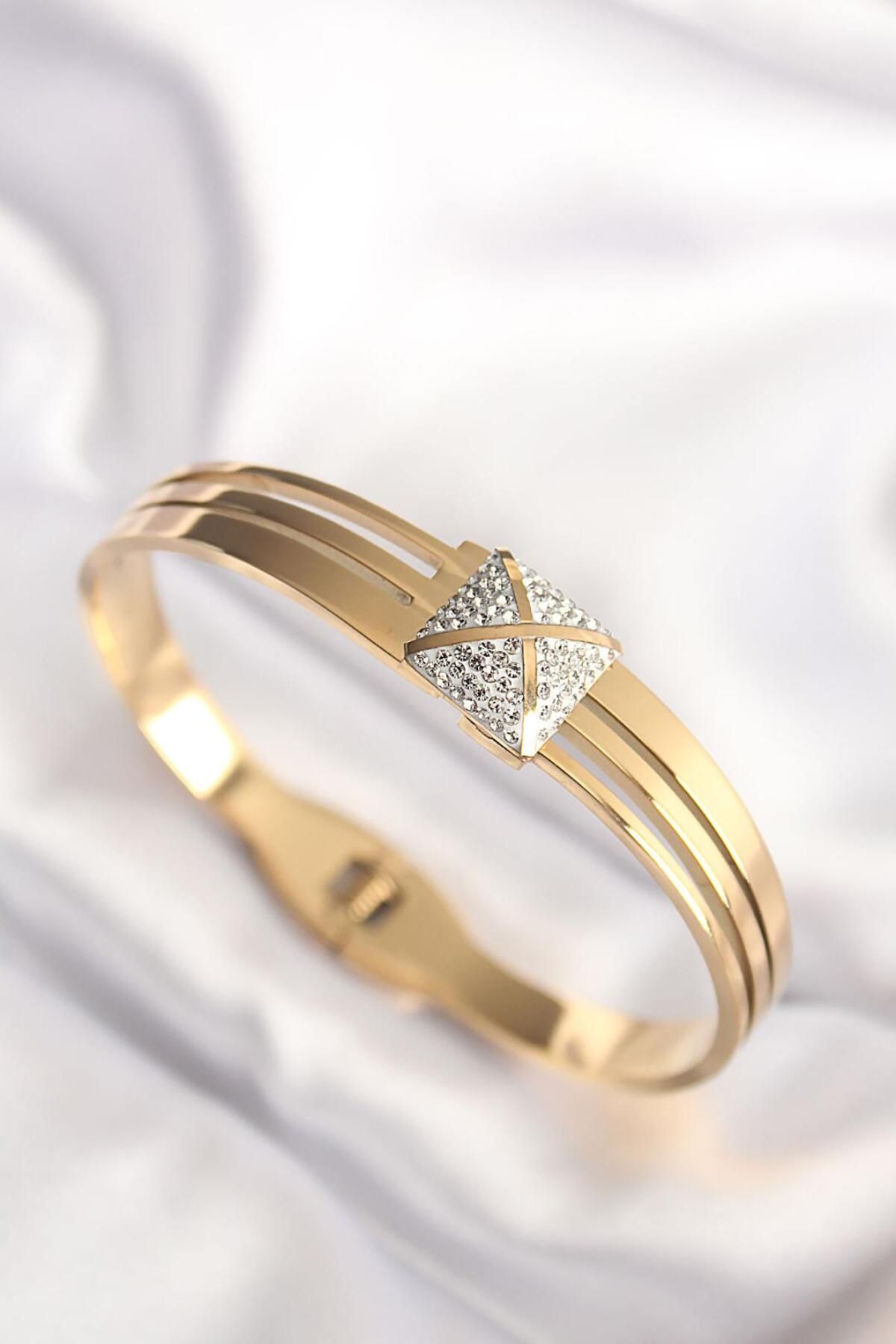 AfraBeauty 316L Çelik Zirkon Taşlı Gold Renk Kadın Kelepçe Bilezik