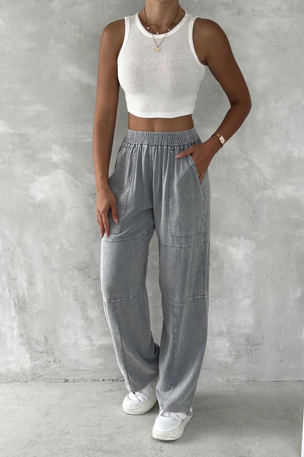 İstangül Butik Urban Ease Yüksek Bel Yıkamalı Paça Ayarlı Jogger Keten Pantolon