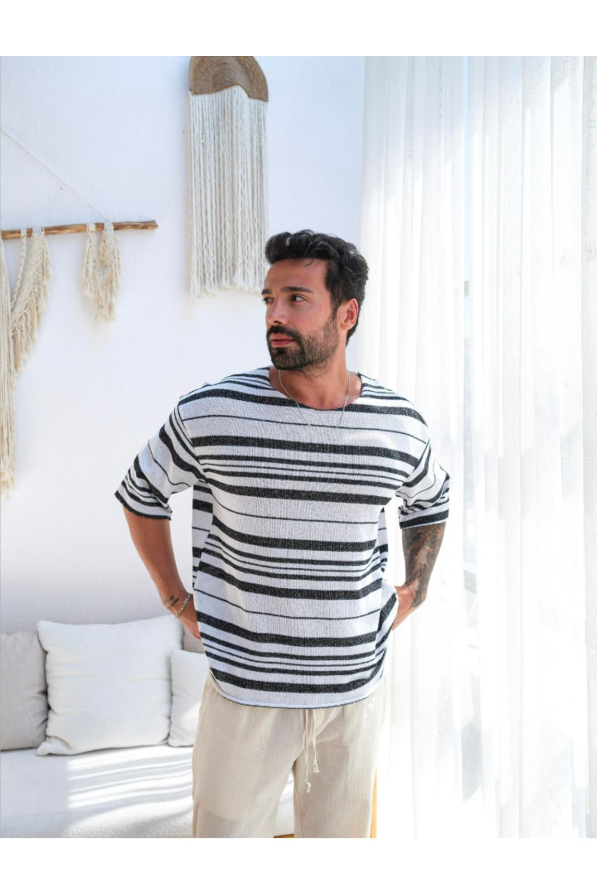 SCSARVİN Yatay Çizgili Pis Yaka Örme T-Shirt PNC 8070