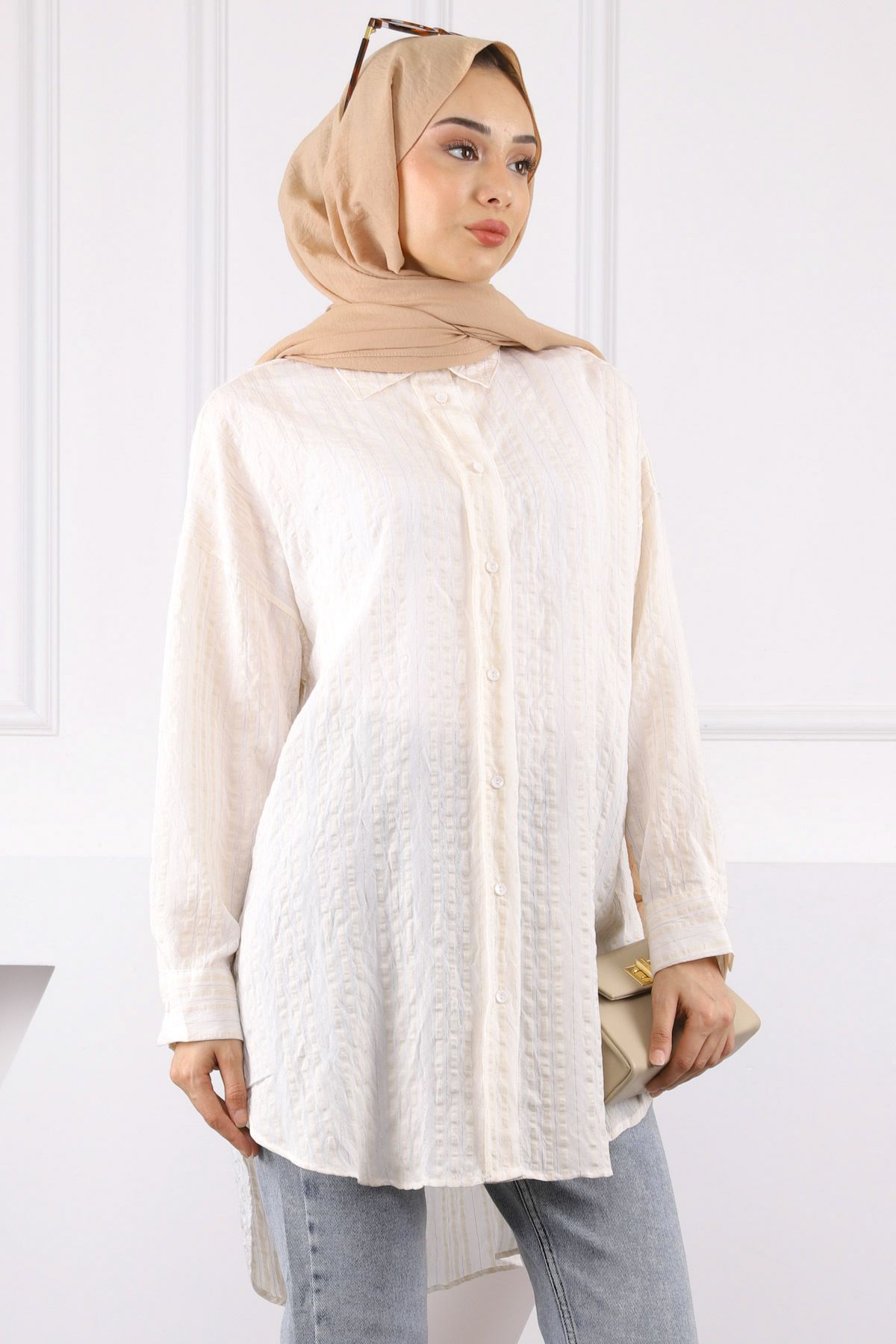 İmajButik Krem Simli Çizgili Gofralı Tunik