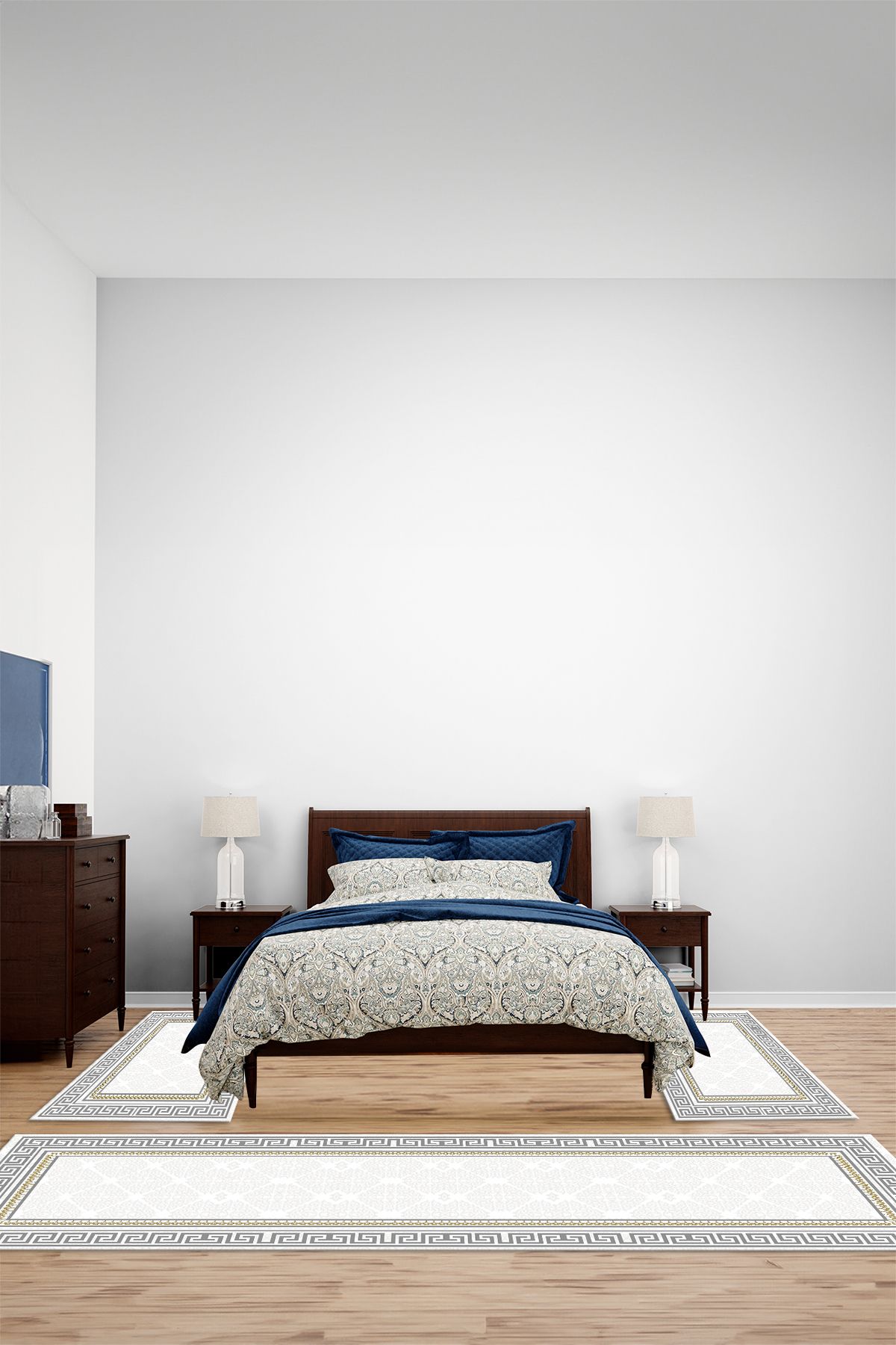 Viyana Home Dijital Kaymaz Yıkanabilir Çerçeveli Detaylı Üçlü Yatak Odası Takım Halısı, YO-ÇERÇEVELİ-163-GRİ,