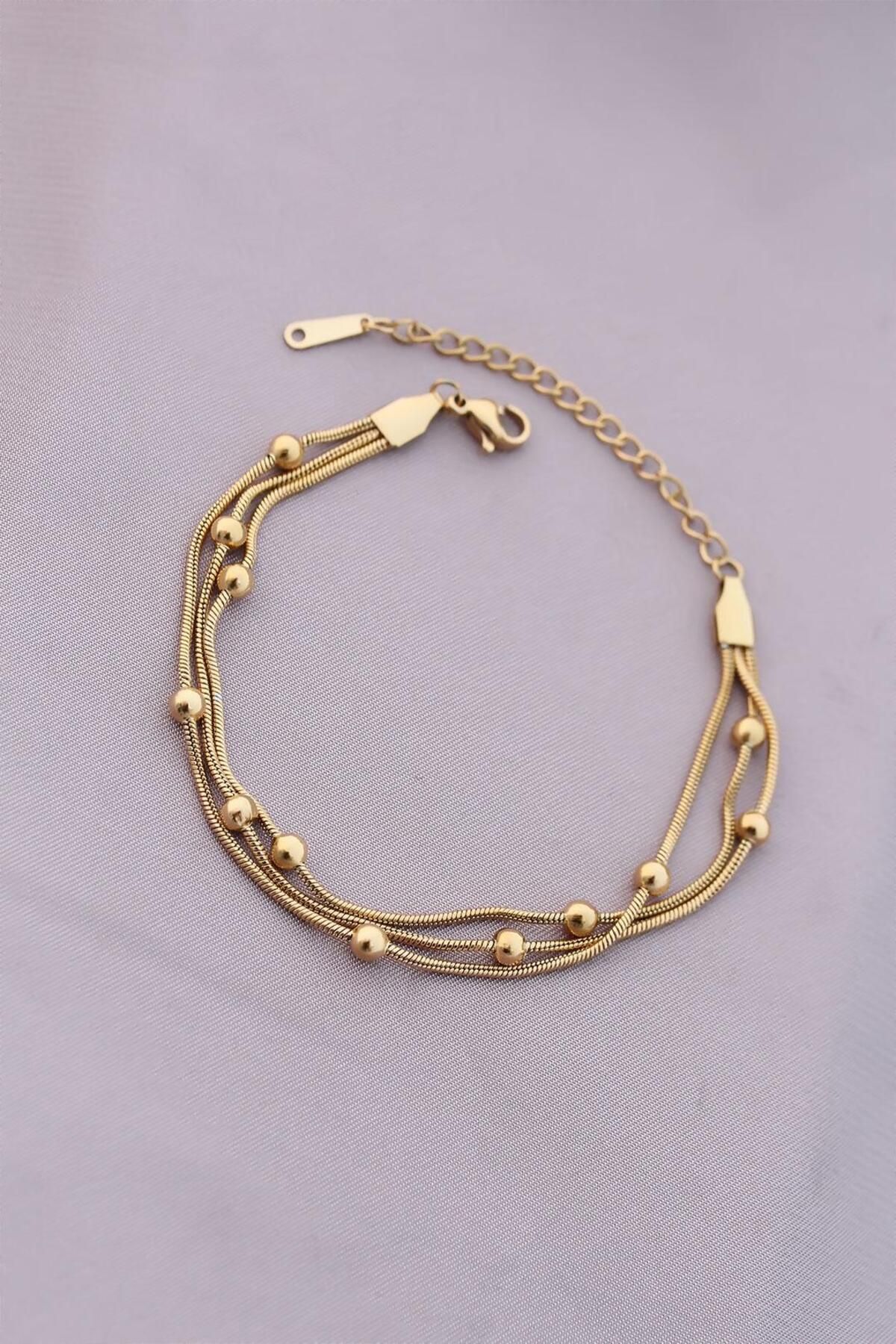 AfraBeauty 316L Kararmaz Çelik Gold Renk Top Zincirli Kadın Bileklik