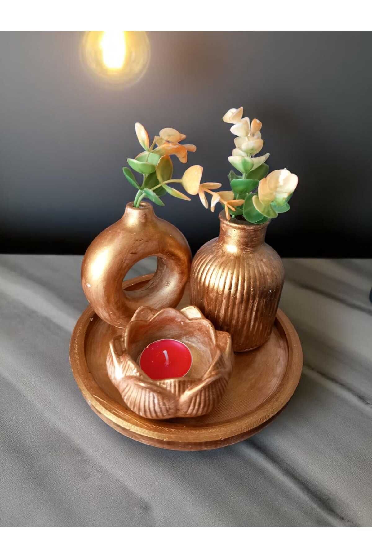 AYŞEM Dekoratif 3lü Gold Vazo Seti Stantlı,Hediyelik Vazo Set
