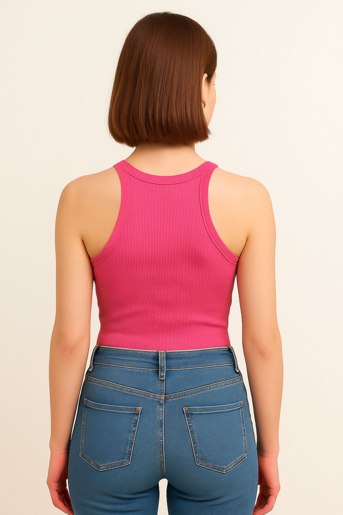 Salvi Kadın Pembe Fitilli T-shirt Halter Yaka Örme Atlet