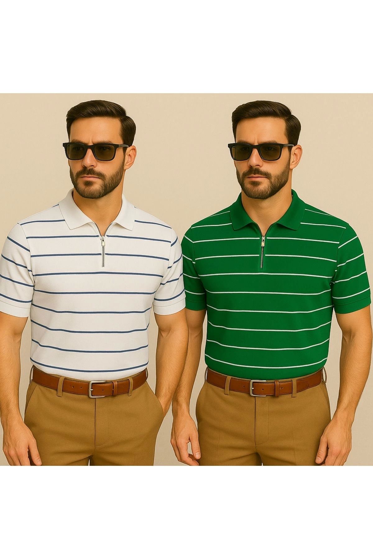 LC Waikiki LCWAIKIKI Yarım Fermuar Triko Yatay Çizgi Desenli Erkek Polo Yaka T-Shirt 2'li Paket