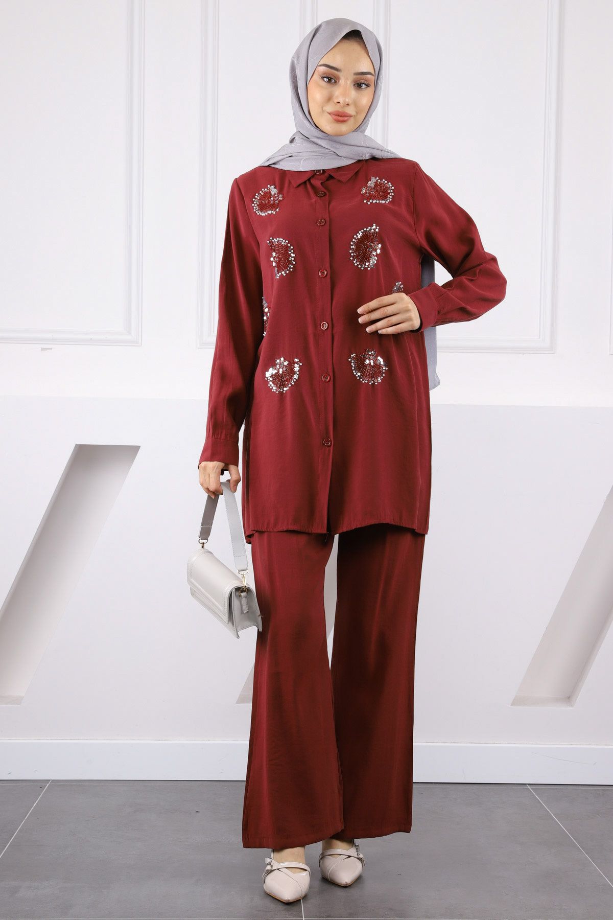 İmajButik Bordo Boncuk İşlemeli Tunik Pantolonlu Takım