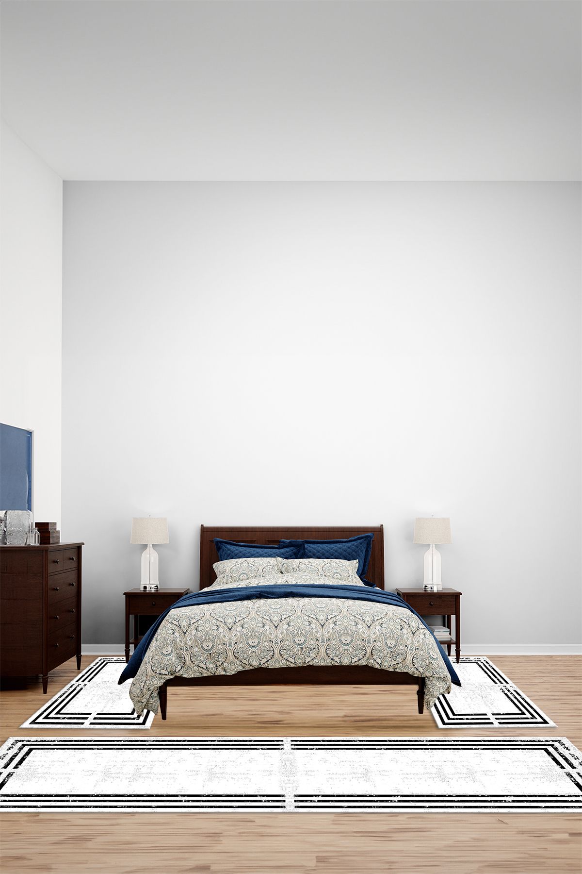 Viyana Home Dijital Kaymaz Yıkanabilir Çerçeveli Üçlü Yatak Odası Takım Halısı, YO-ÇERÇEVELİ-133-BEYAZ,