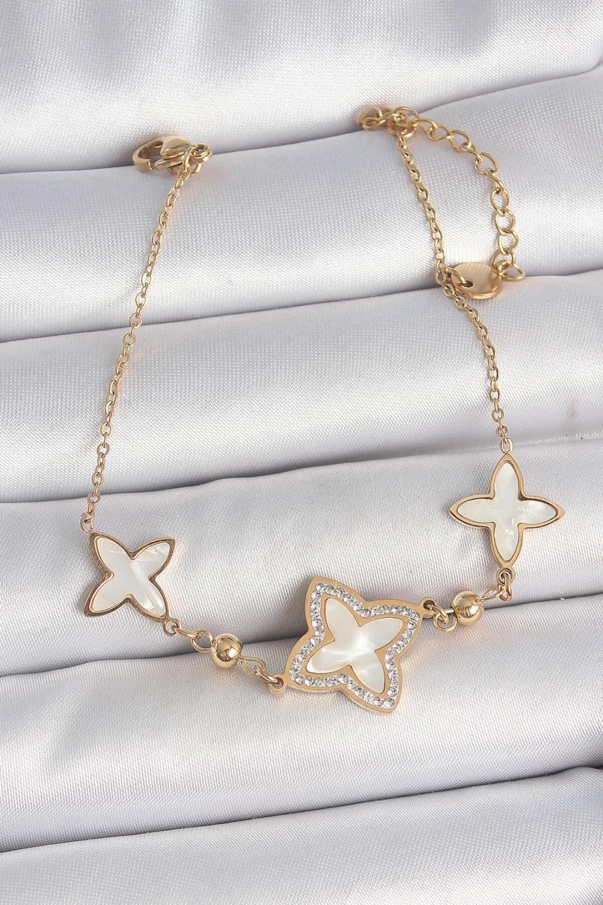 AfraBeauty 316L Çelik Gold Renk Beyaz Mineli Çiçek Model Zirkon Taş Detay Kadın Bileklik