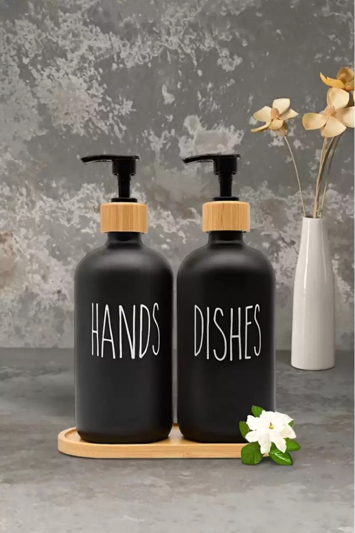 btmhome 2'li Cam Bambu Başlık ve Standlı Banyo ve Mutfak Sıvı Sabunluğu