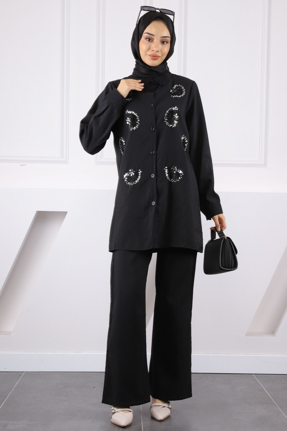 İmajButik Siyah Boncuk İşlemeli Tunik Pantolonlu Takım