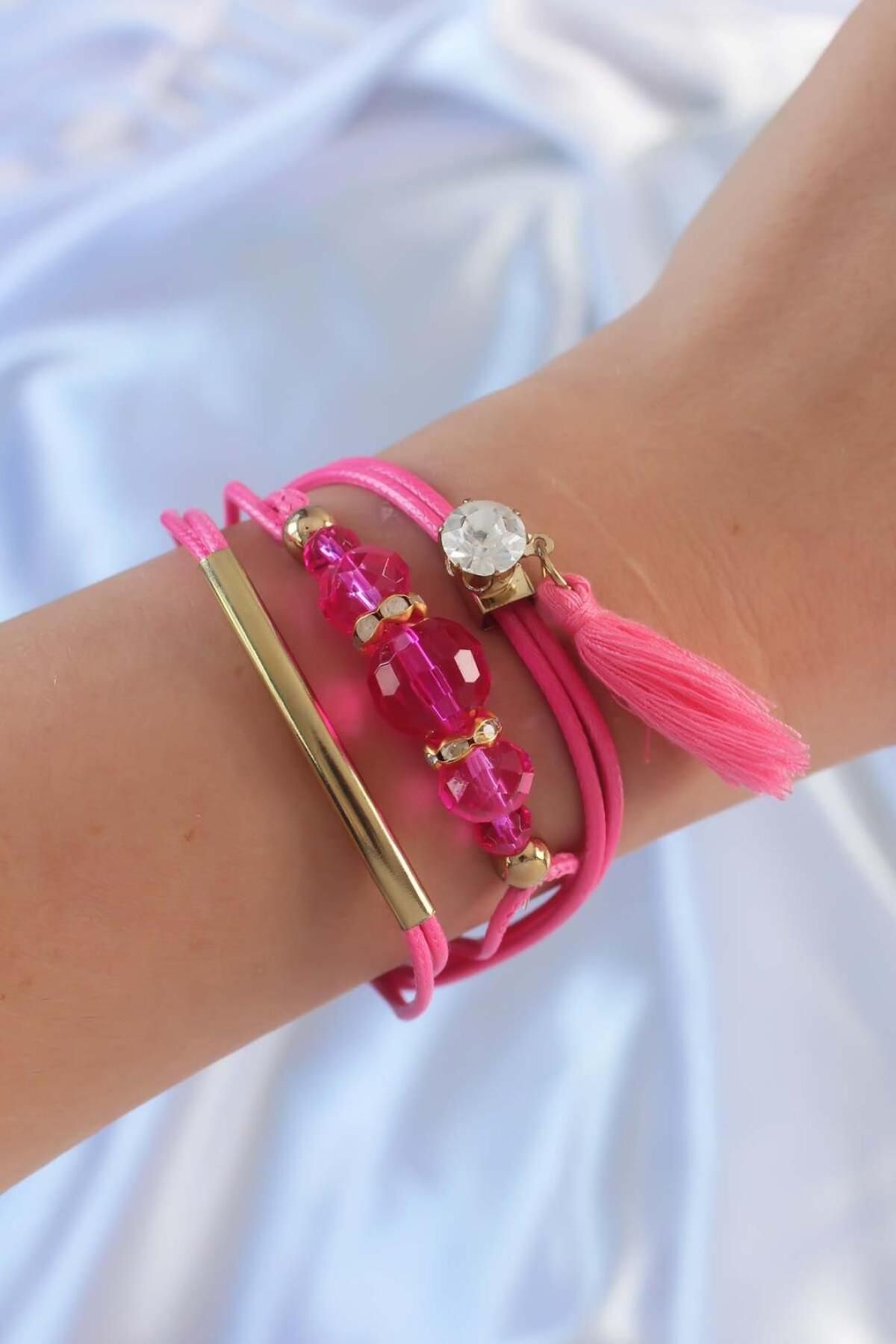 AfraBeauty Pembe Zirkon Taşlı İpli Püskül Detay Çoklu Bileklik