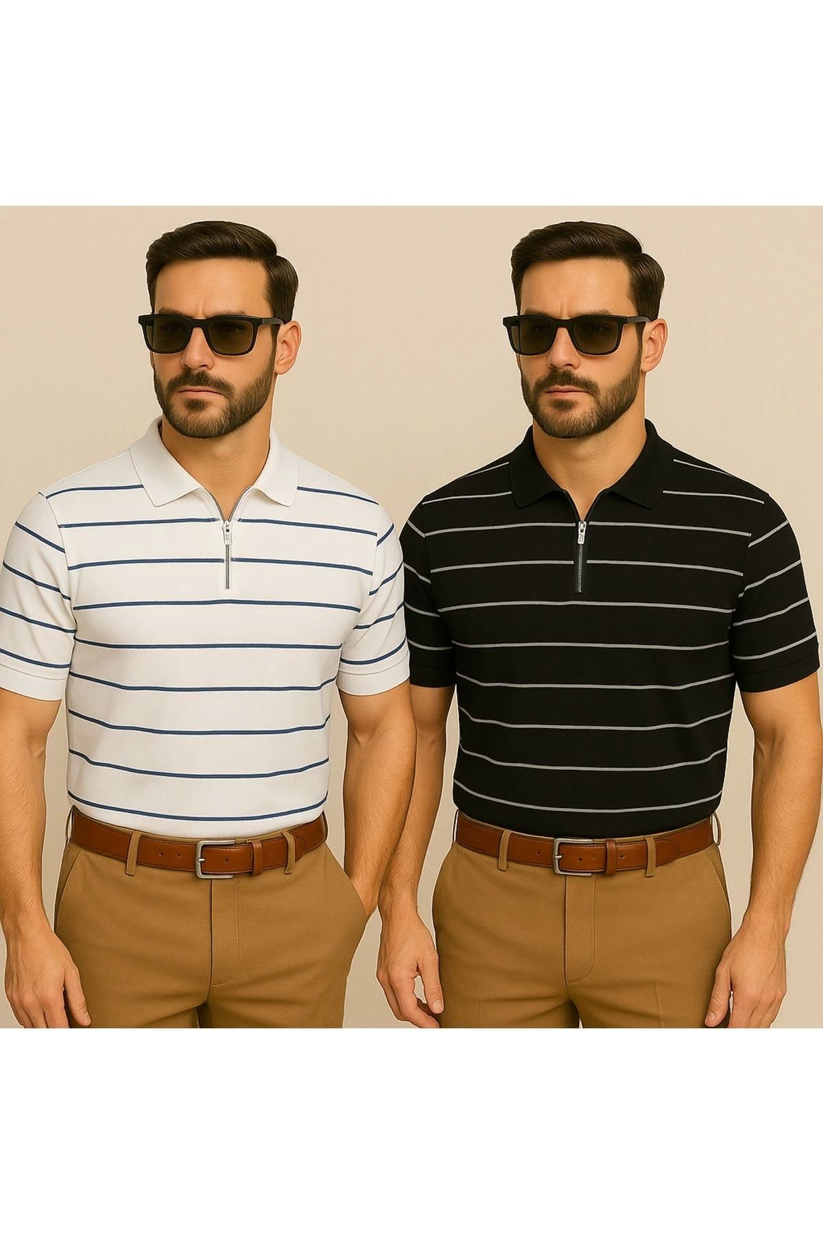 LC Waikiki LCWAIKIKI Yarım Fermuar Triko Yatay Çizgi Desenli Erkek Polo Yaka T-Shirt 2'li Paket