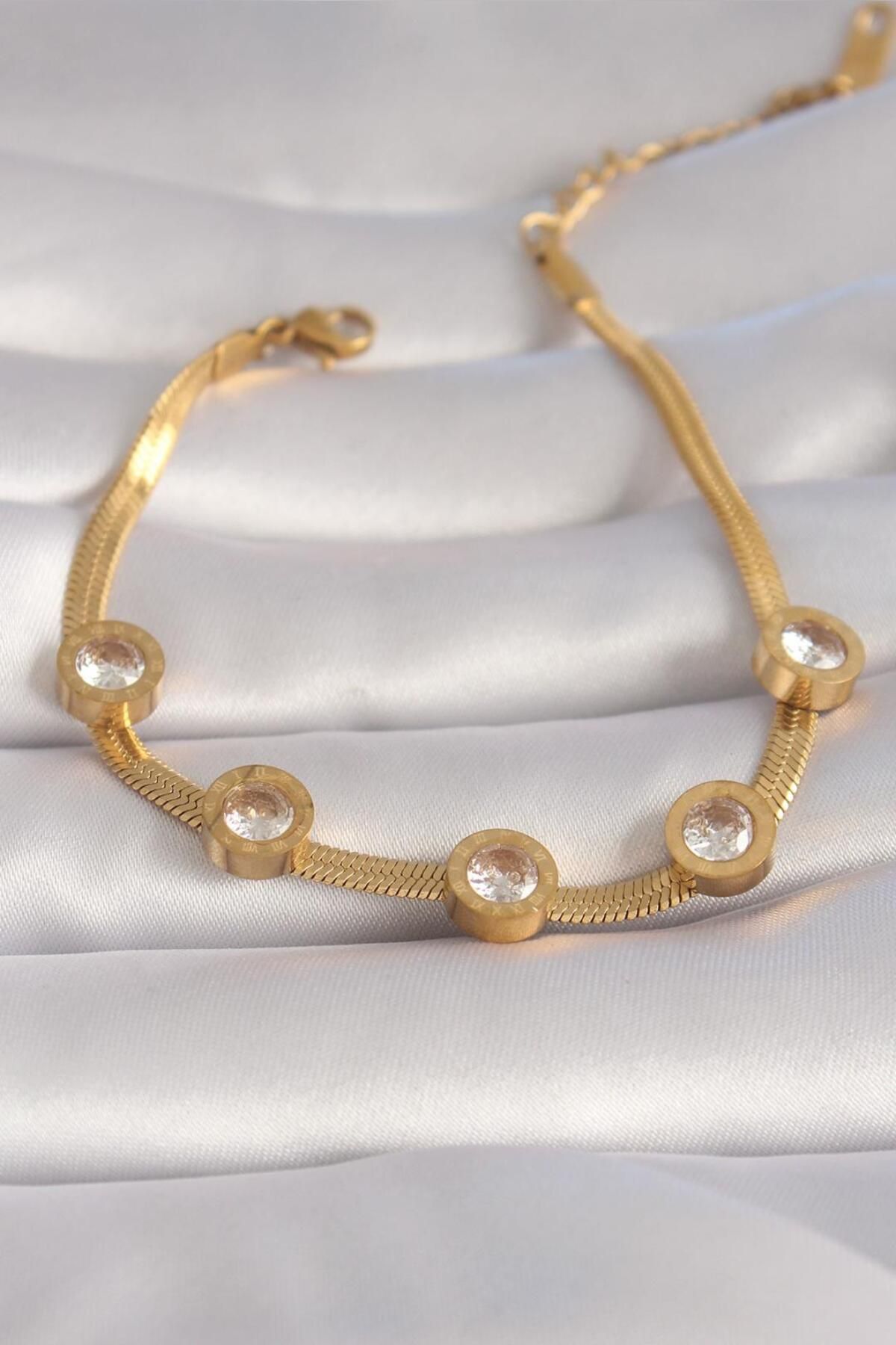 AfraBeauty 316L Çelik Gold Renk Zirkon Taşlı İtalyan Zincir Model Kadın Bileklik