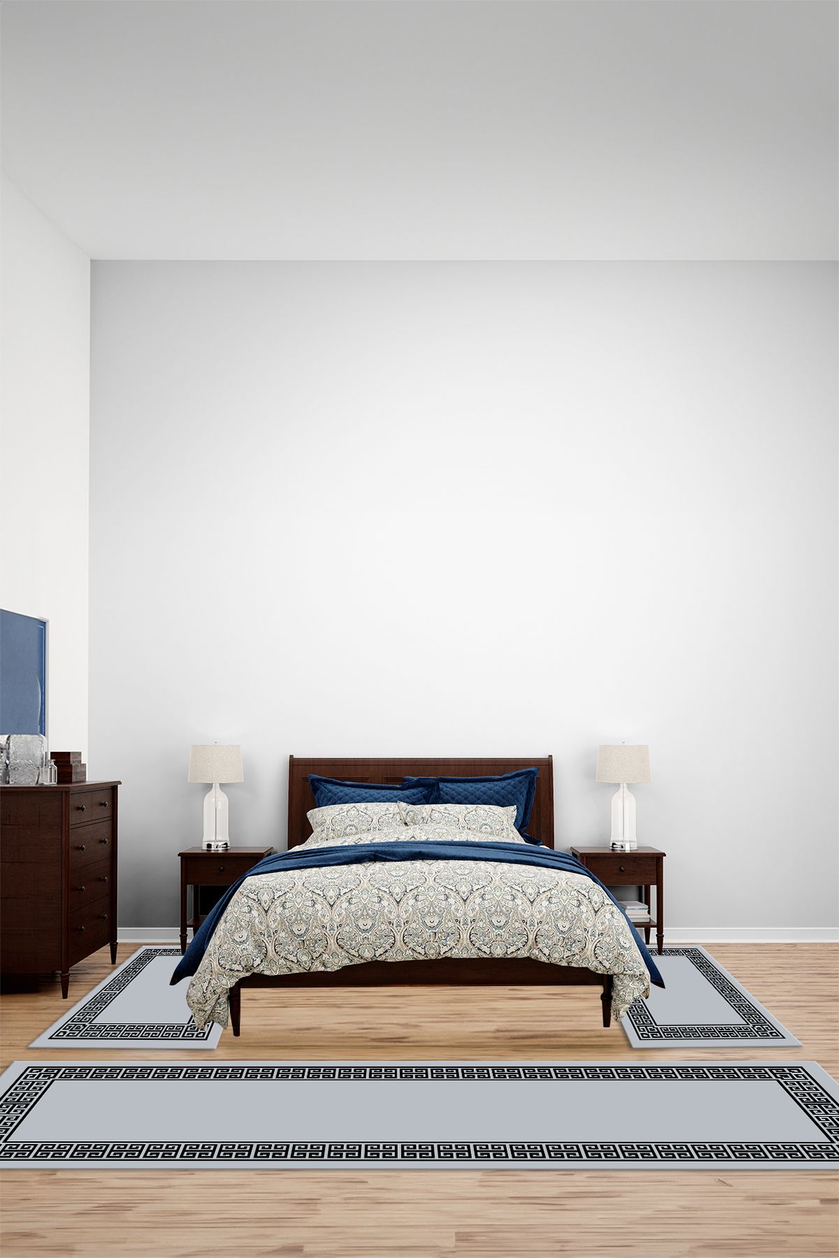 Viyana Home Dijital Kaymaz Yıkanabilir Çerçeveli Üçlü Yatak Odası Takım Halısı, YO-ÇERÇEVELİ-194-GRİ-SİYAH,