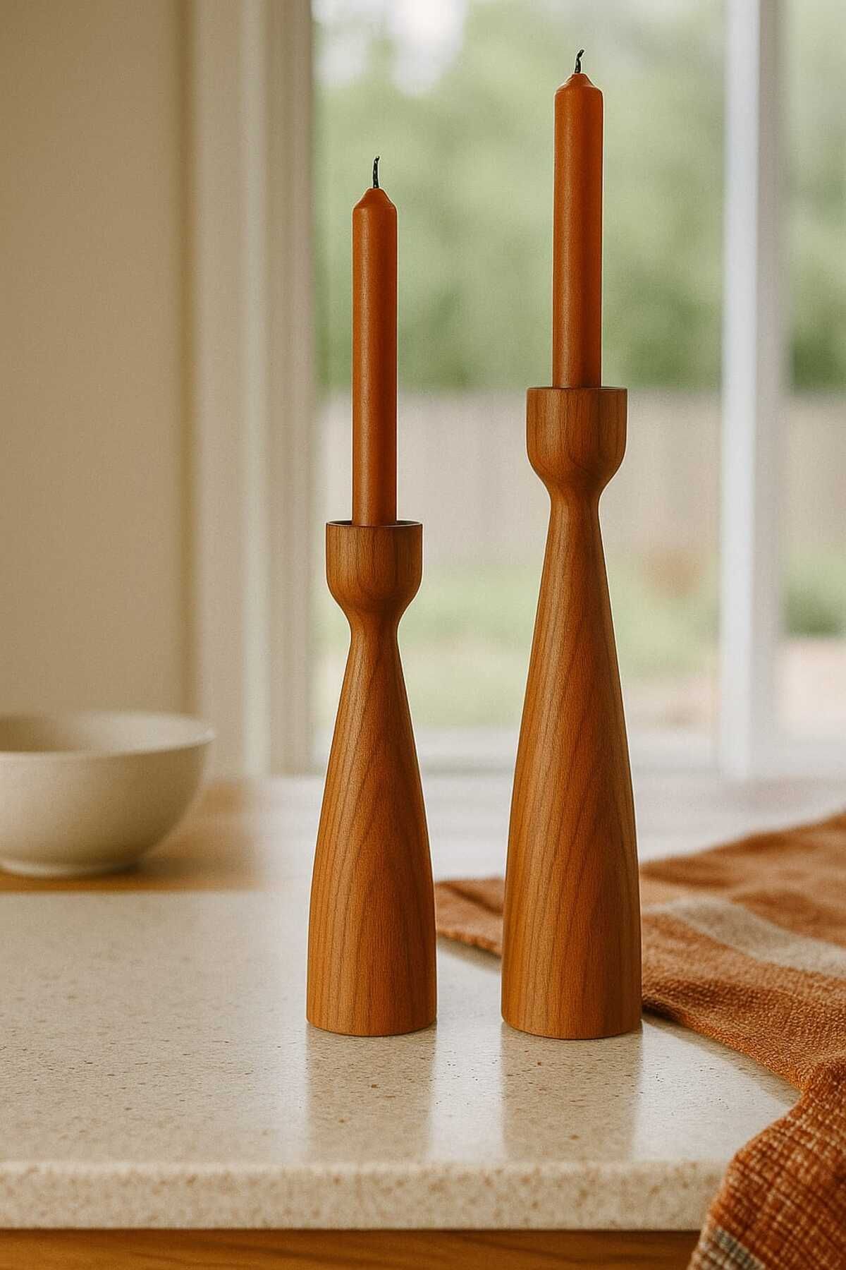 mebaconcept El Yapımı Tik Rengi Ahşap Şamdan Seti (2'Lİ) – 20 Cm & 17.5 Cm – Rustik Dekoratif Mumluk