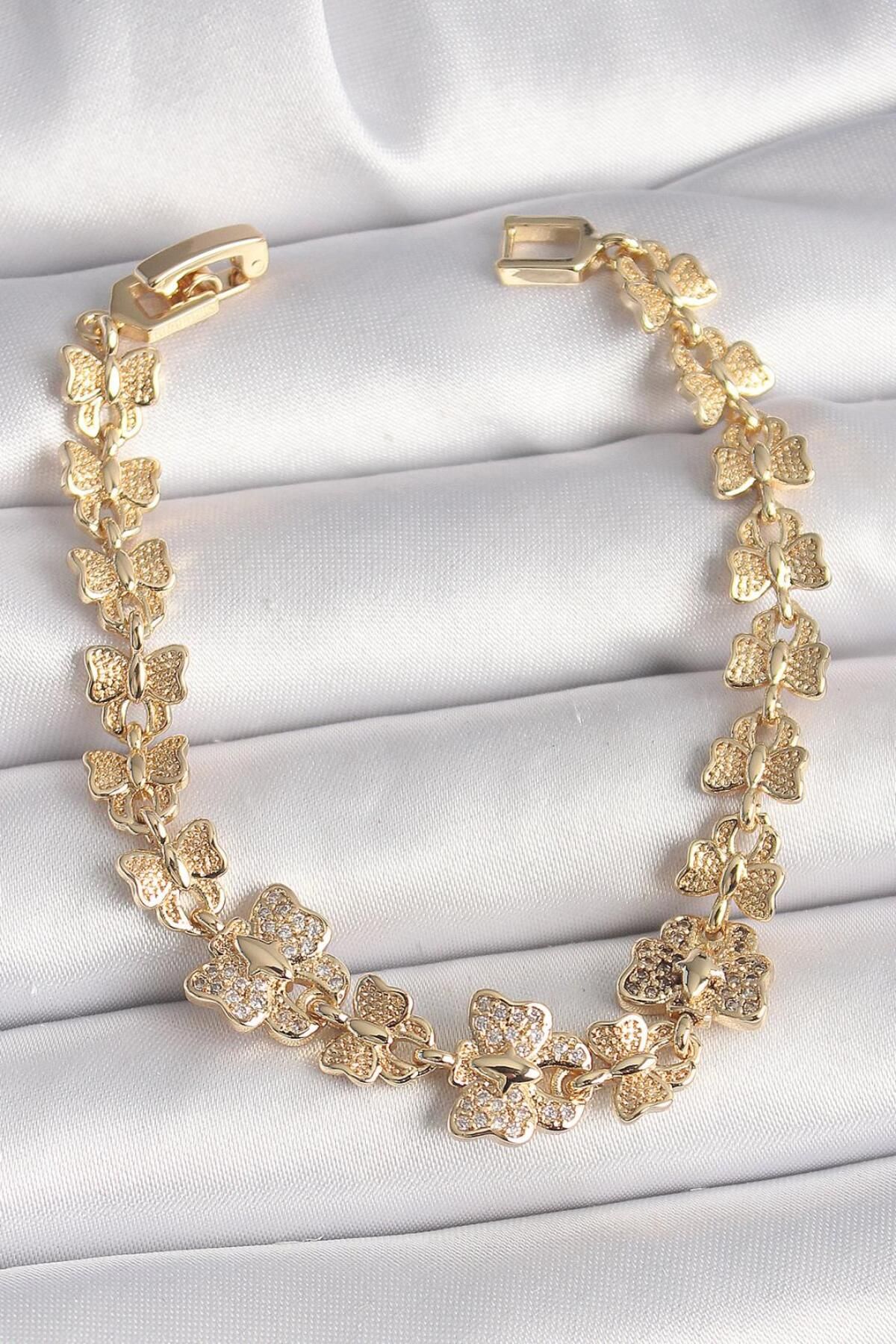 AfraBeauty 925 Ayar Paslanmaz Çelik Gold Renk Zirkon Taşlı Kelebek Model Zincir Kadın Bileklik