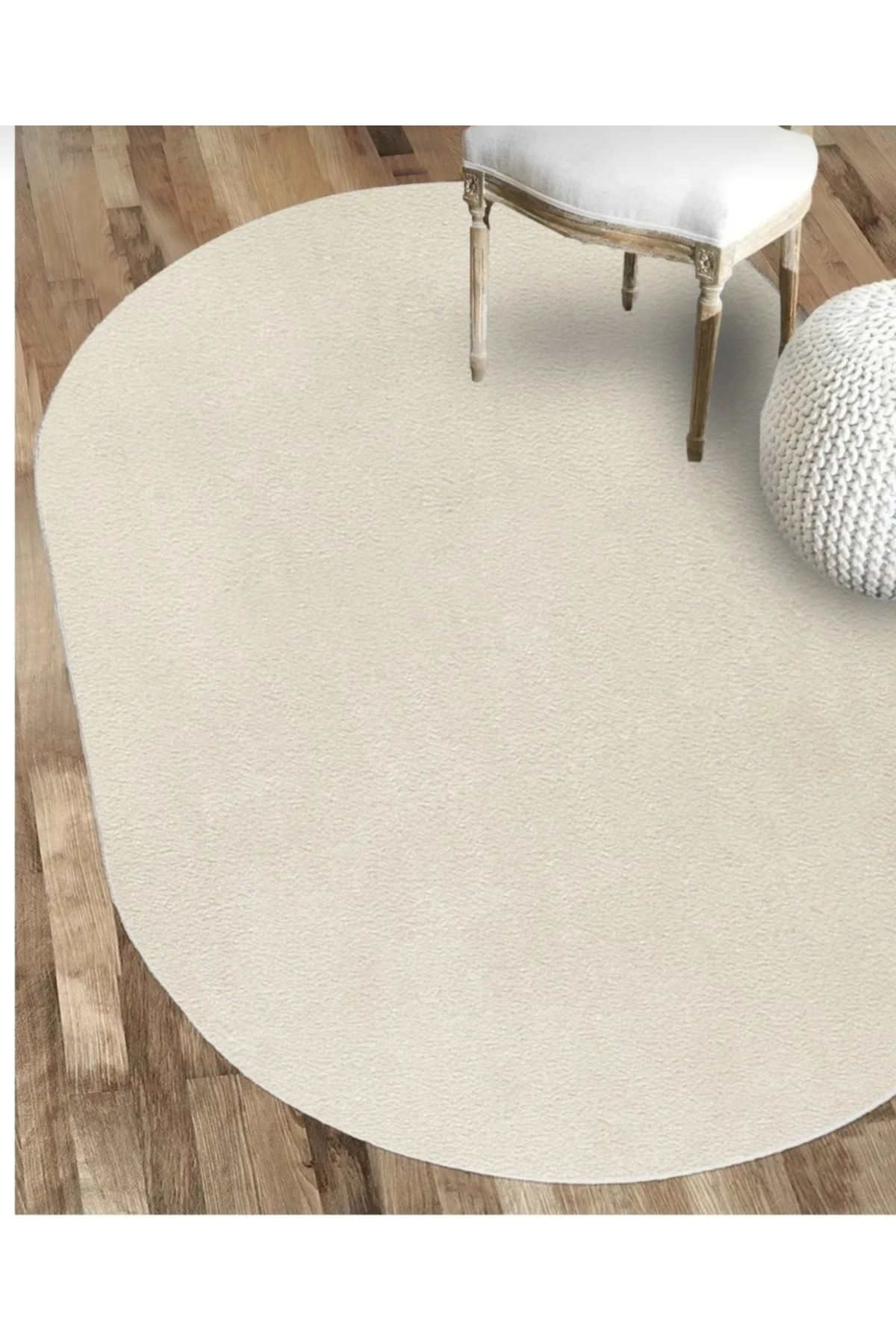 BSB HOME LİVİNG Puffy Oval Ekru Overloklu Peluş Yumuşacık Yıkanabilir Kaymaz Taban Halı Salon,Oturma Odası