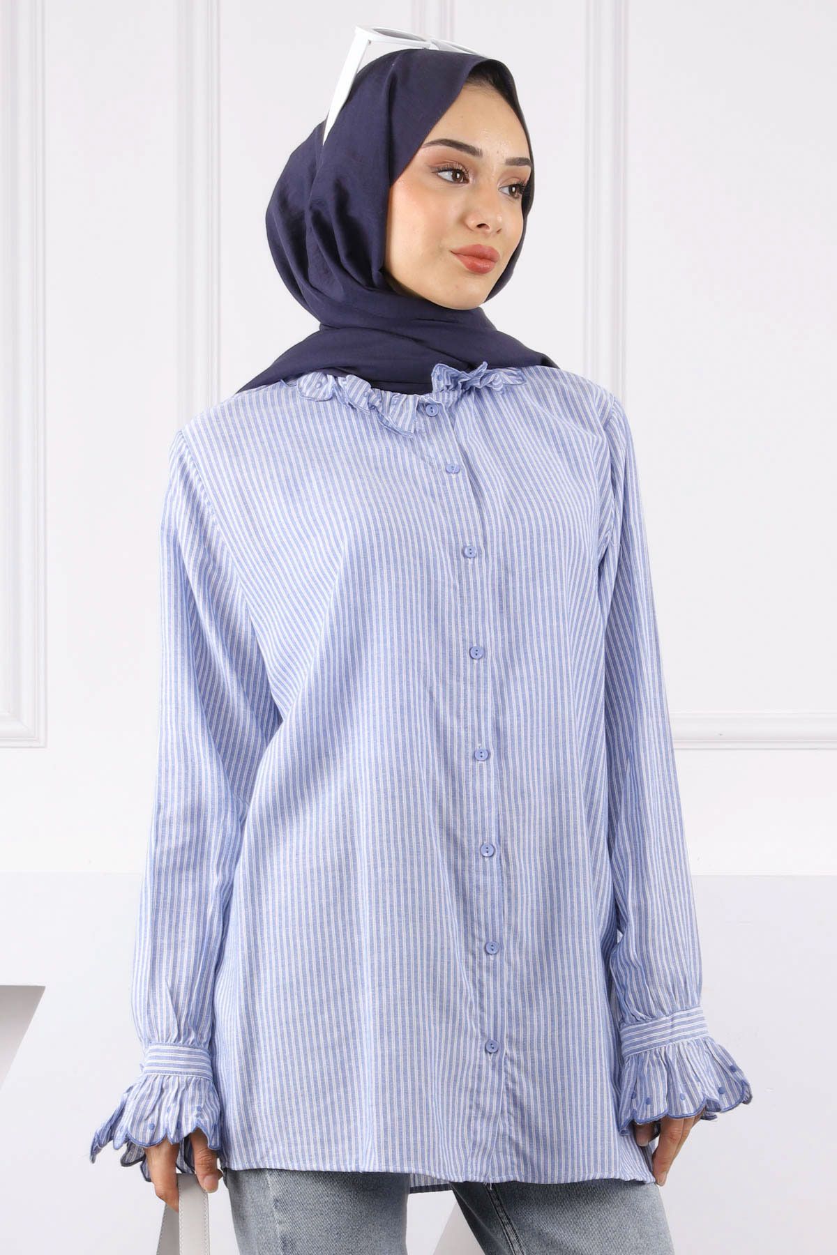 İmajButik Mavi Yaka Kol Fırfır Nakışlı Tunik
