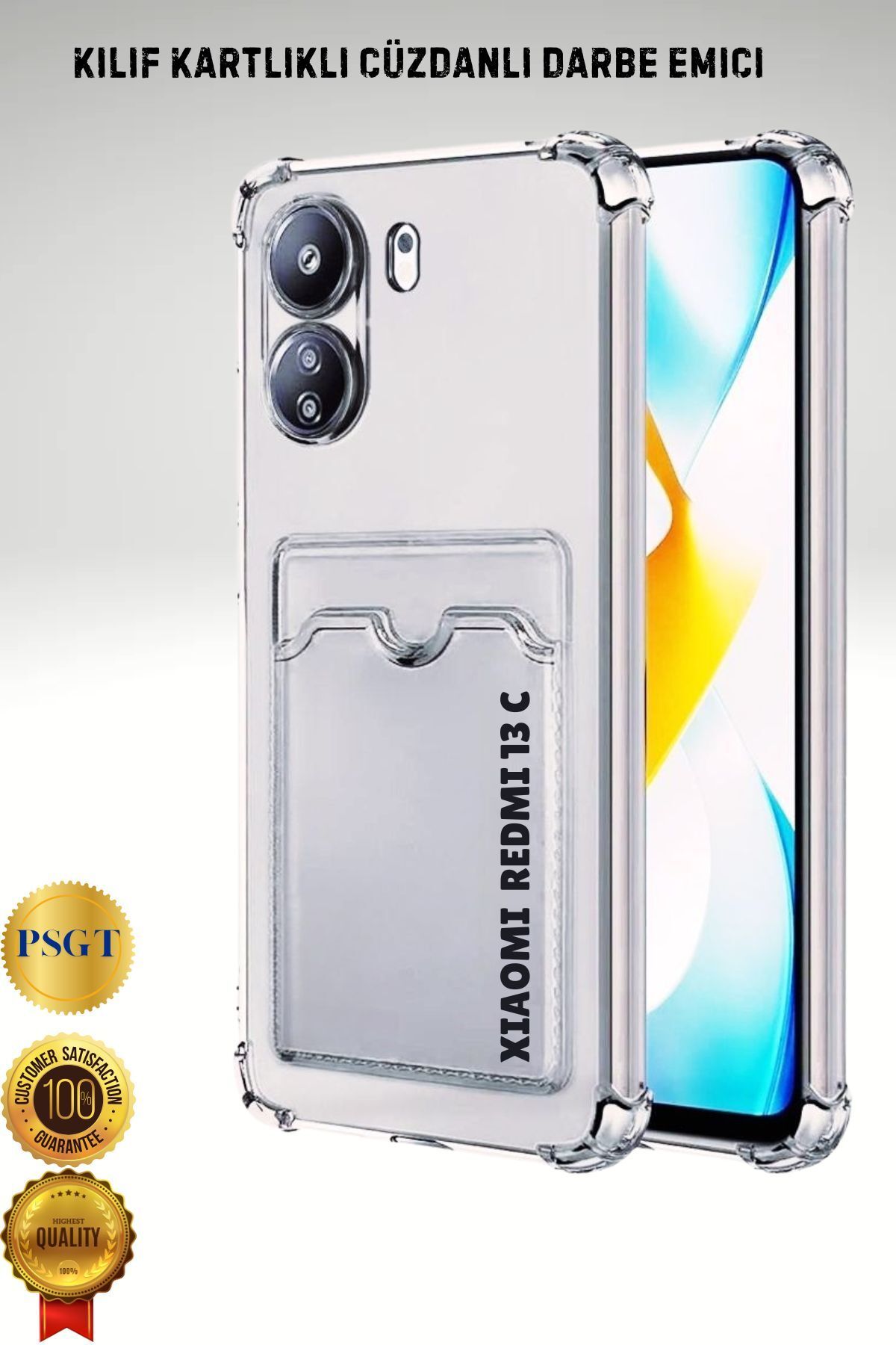 PSGT Xiaomi Redmi 13C Uyumlu Kılıf Kamera Koruma Ve Köşe Korumalı Kartlıklı Cüzdanlı Darbe Emici