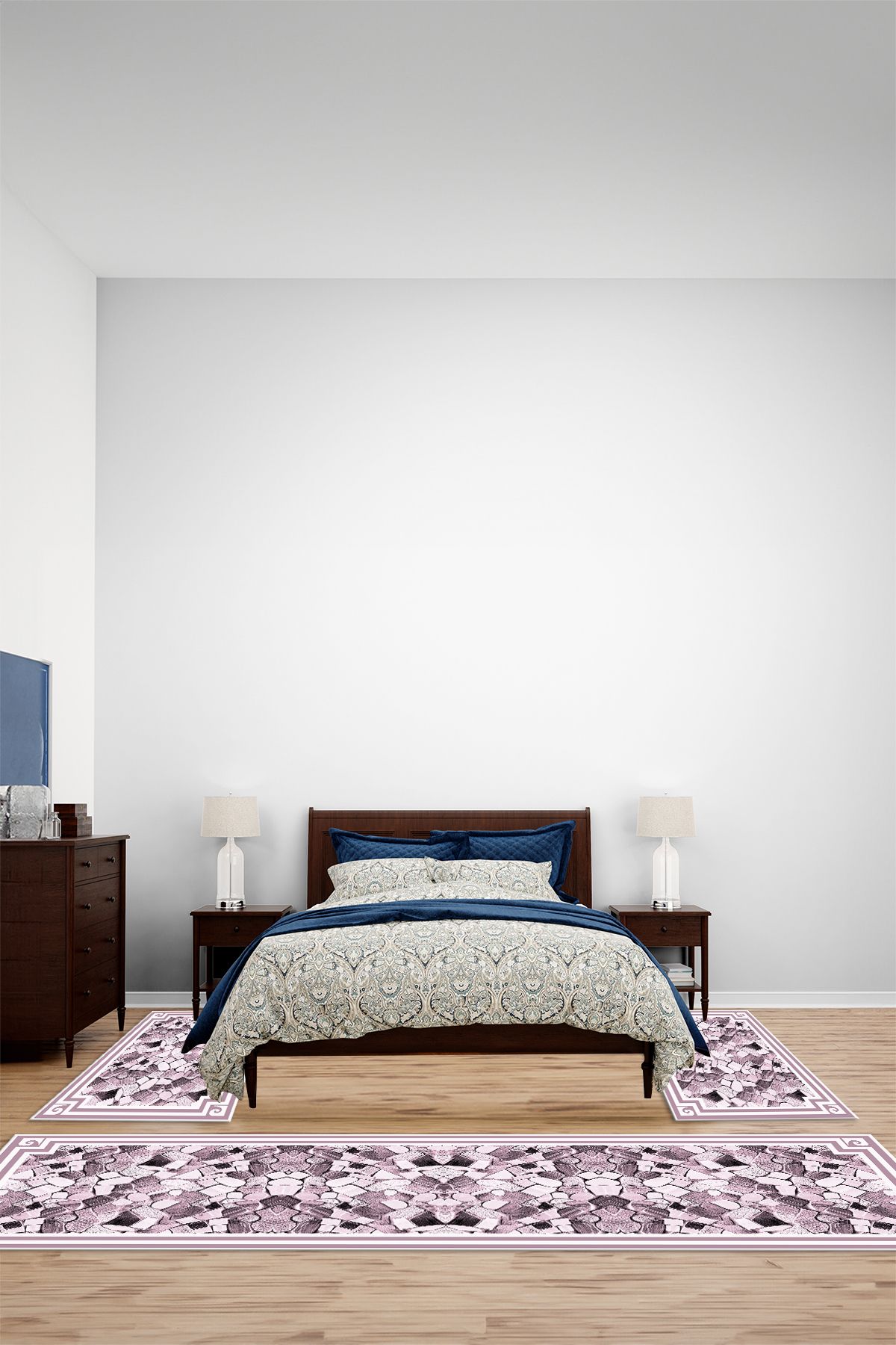 Viyana Home Dijital Kaymaz Yıkanabilir Çerçeveli Taş Üçlü Yatak Odası Takım Halısı, YO-ÇERÇEVELİ-186-PEMBE,
