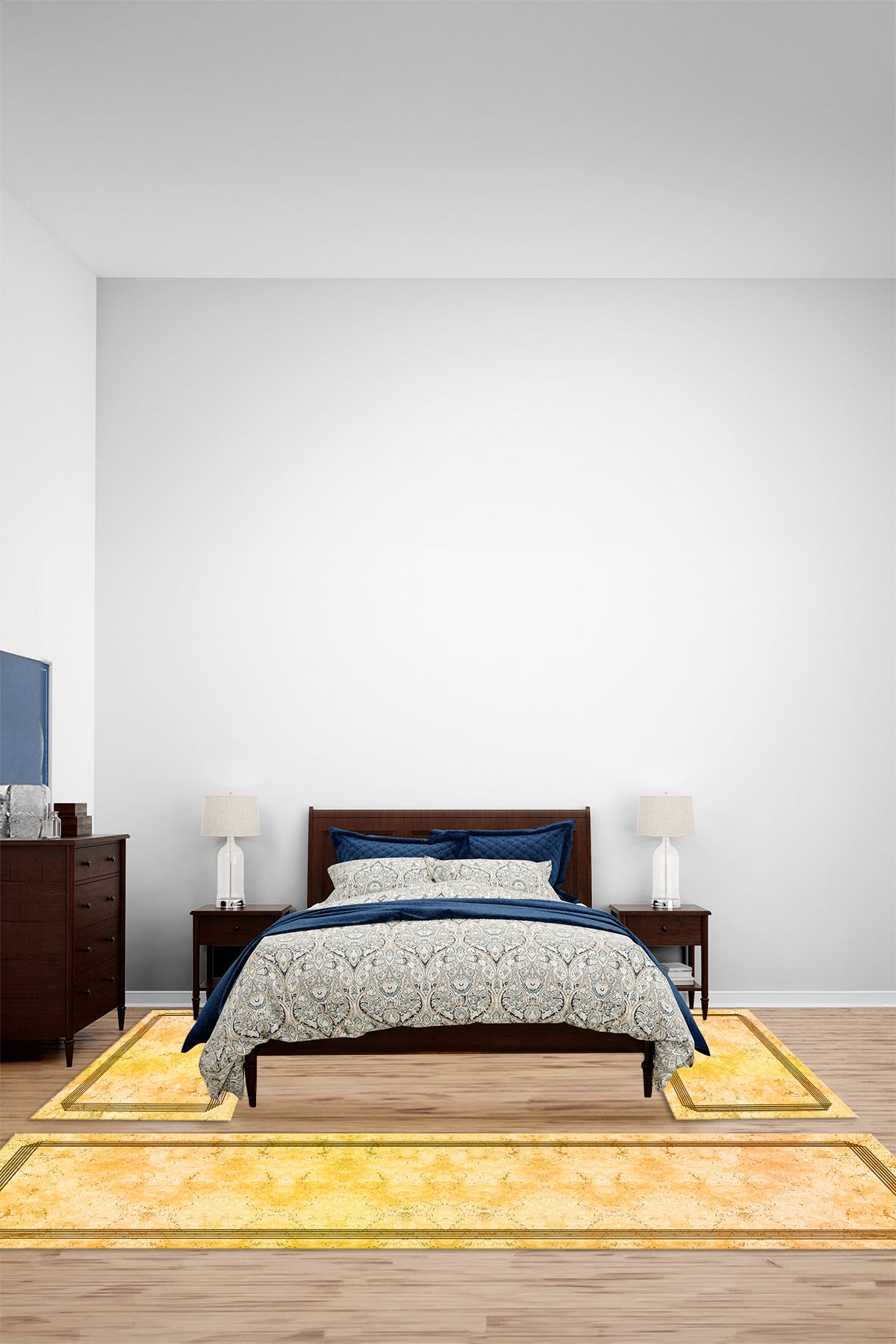 Viyana Home Dijital Kaymaz Yıkanabilir Çerçeveli Çizgili Üçlü Yatak Odası Takım Halısı, YO-ÇERÇEVELİ-148-GOLD,