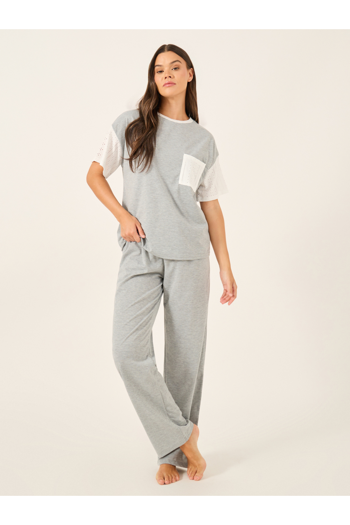 Styli Schiffli Sleeve Round Neck T-Shirt and Pyjama Set