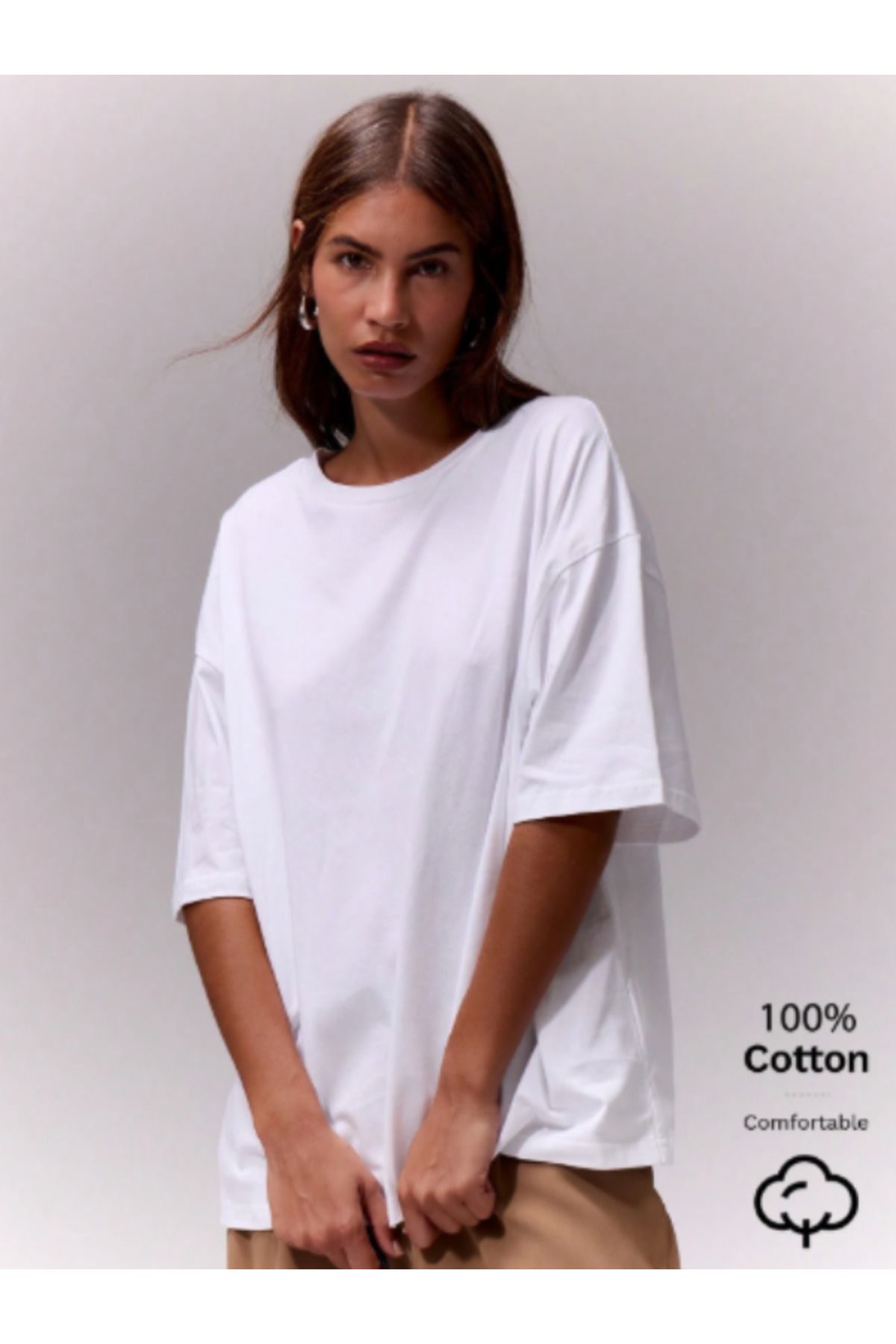HY FASHION Baskısız Oversize Tişört %100 Pamuk Kadın Beyaz Siyah Lacivert Renk Seçenekli Basic Salaş T-Shirt