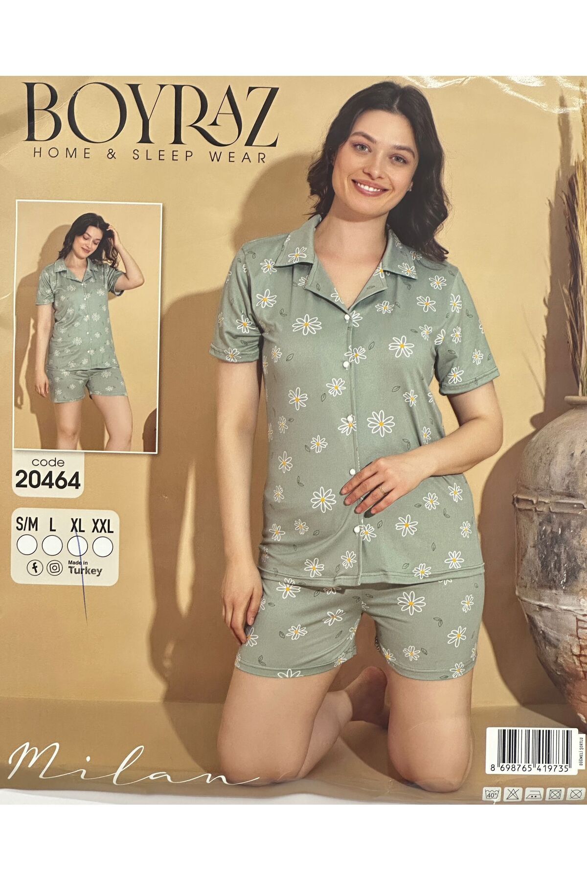 BOYRAZ YEŞİL VE ÇİÇEKLİ YAZLIK MODAL KUMAŞ PİJAMA TAKIMI