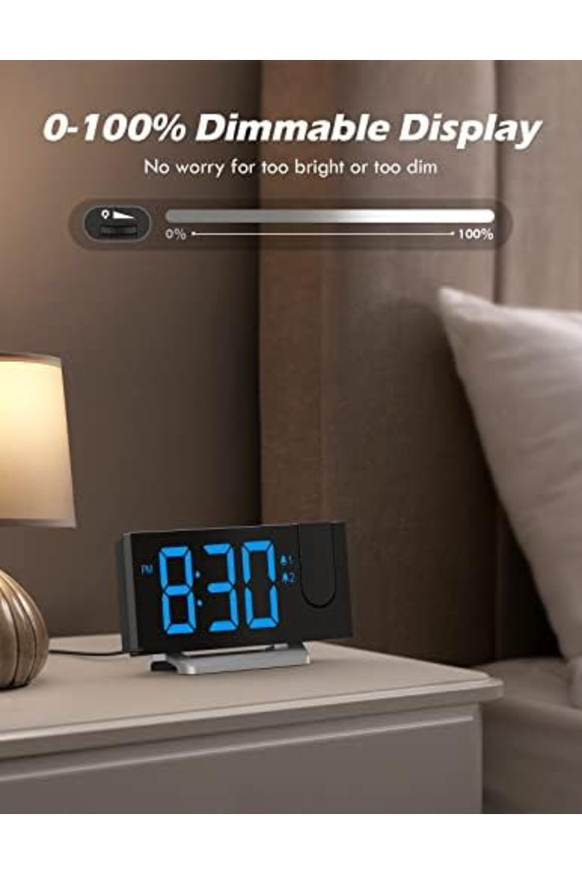 Generic-Alarm Clocks for Bedrooms, Digital Alarm Clock with 180° Rotatable Projector & FM Radio, 0-100% Dim 4