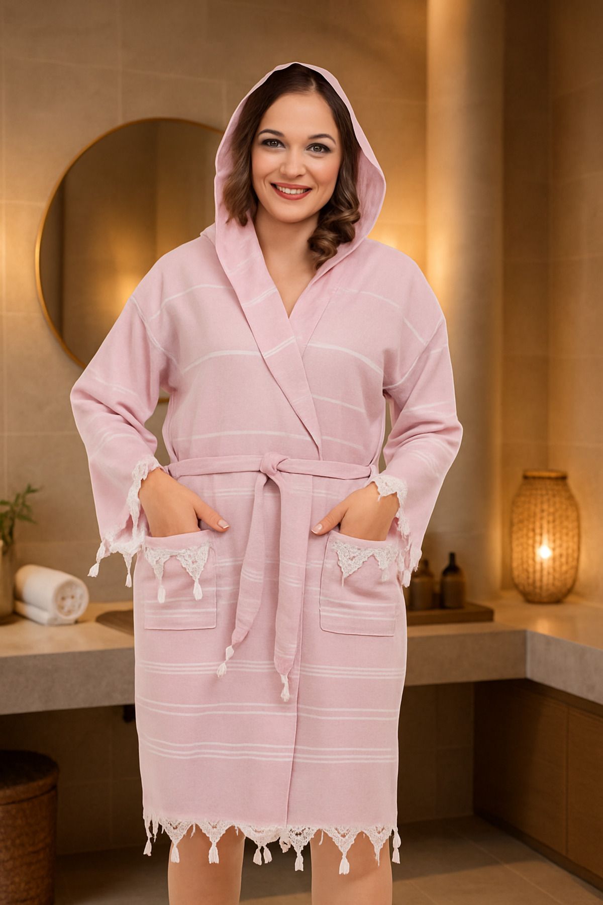 Lio20 Unisex Sultan Püskül Modelli Deniz-Havuz-Plaj-Banyo-Sauna-Spa Peştemal Bornoz-Pamuklu-Mor
