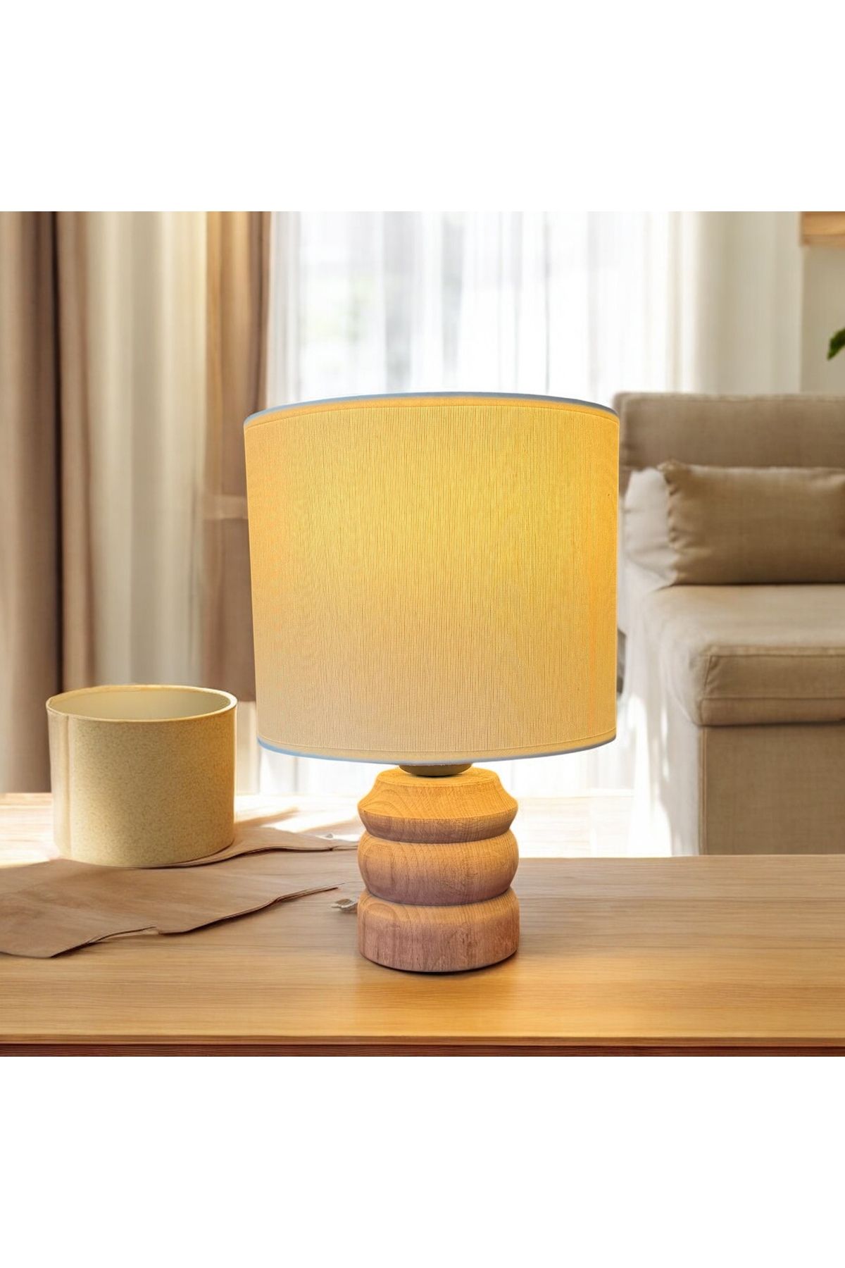 burenze Modern Abajur Wood Ahşap Abajur Krem Abajurlu Yatak Odası Abajur Salon Abajur