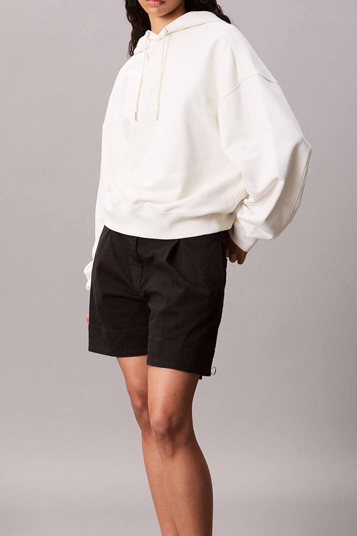 Calvin Klein Kadın Kapüşonlu Nakış Logolu Sweatshirt - Ekru