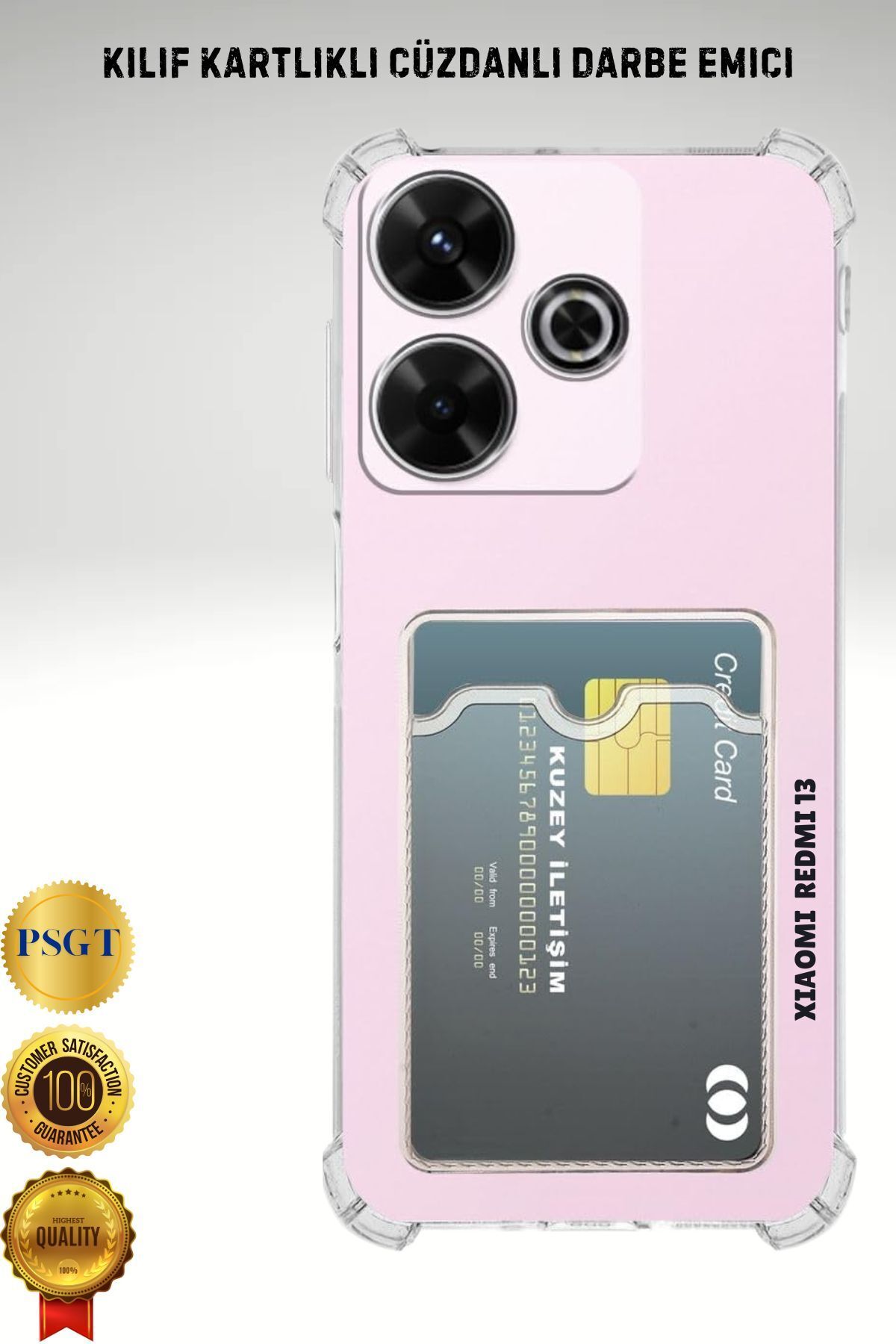 PSGT Xiaomi Redmi 13 Uyumlu Kılıf Kamera Koruma Ve Köşe Korumalı Kartlıklı Cüzdanlı Darbe Emici