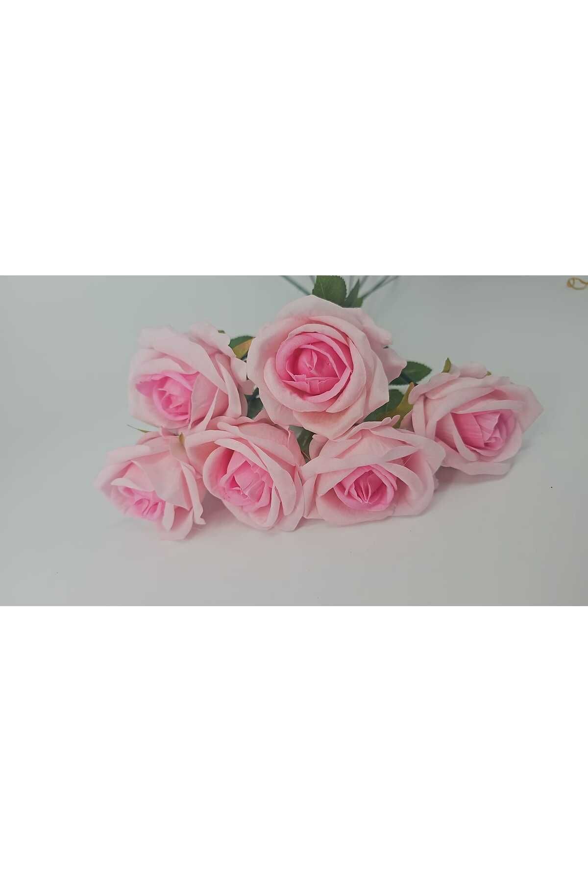 yapay çiçek evi Yapay Kadife Gül 6 Adet Açık Pembe 50 cm VazoDekor Gelin Çiçeği ev Süsü