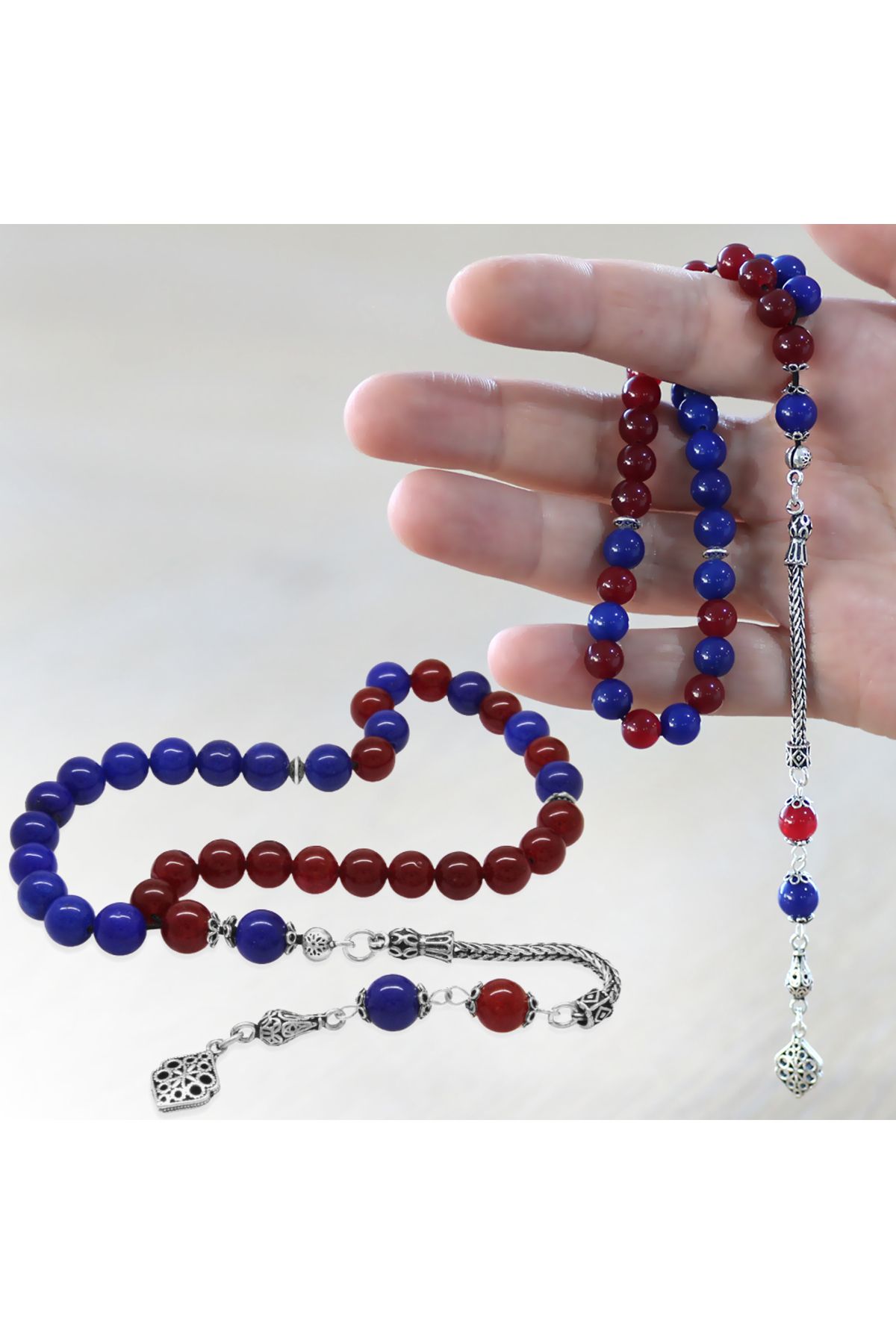 Tesbihane 925 Ayar Gümüş Püsküllü Küre Kesim Bordo Mavi Jade Doğaltaş Taraftar Tesbih