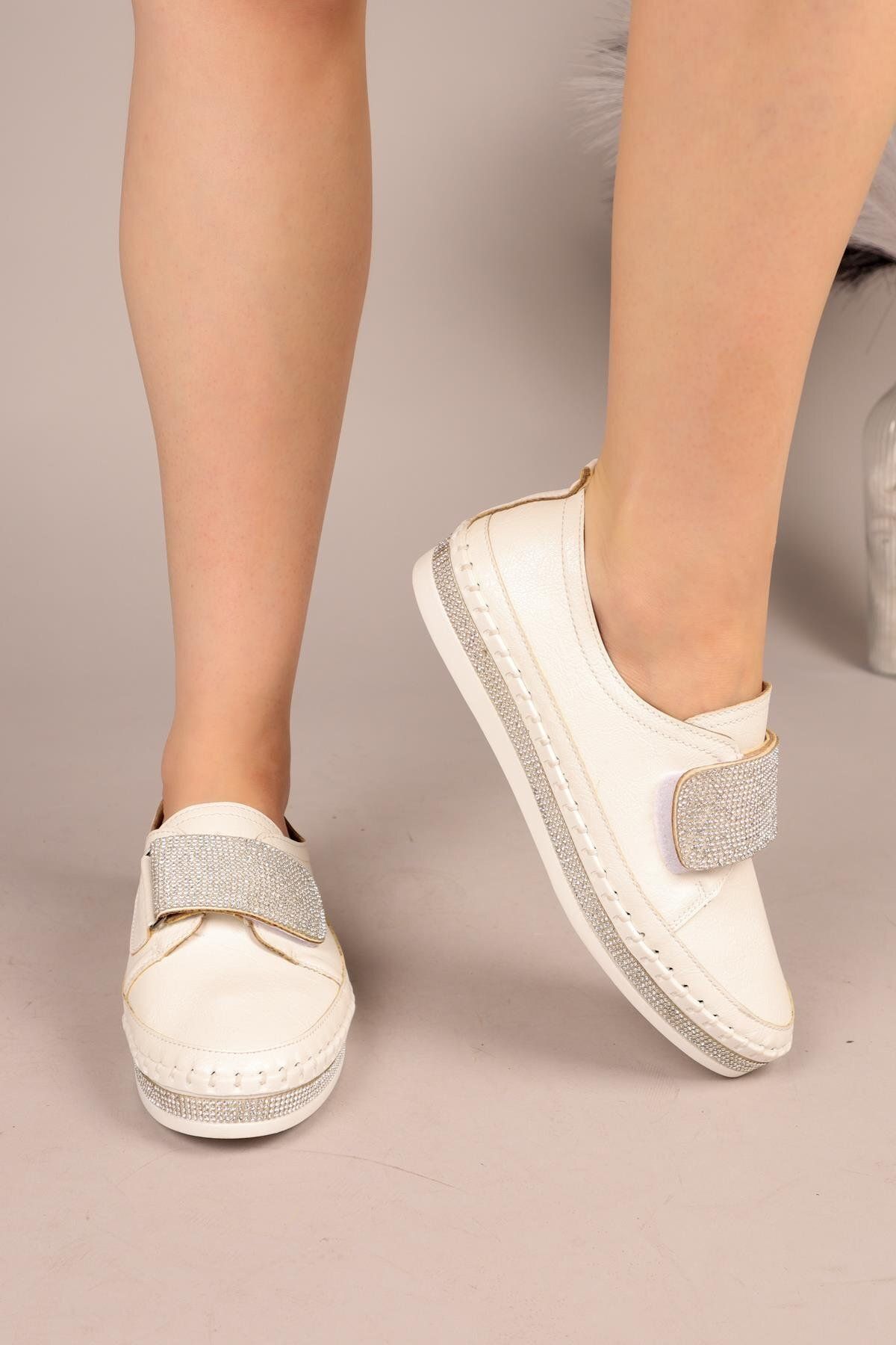 Birikon STONE Taşlı Cırtlı Sneakers BEYAZ