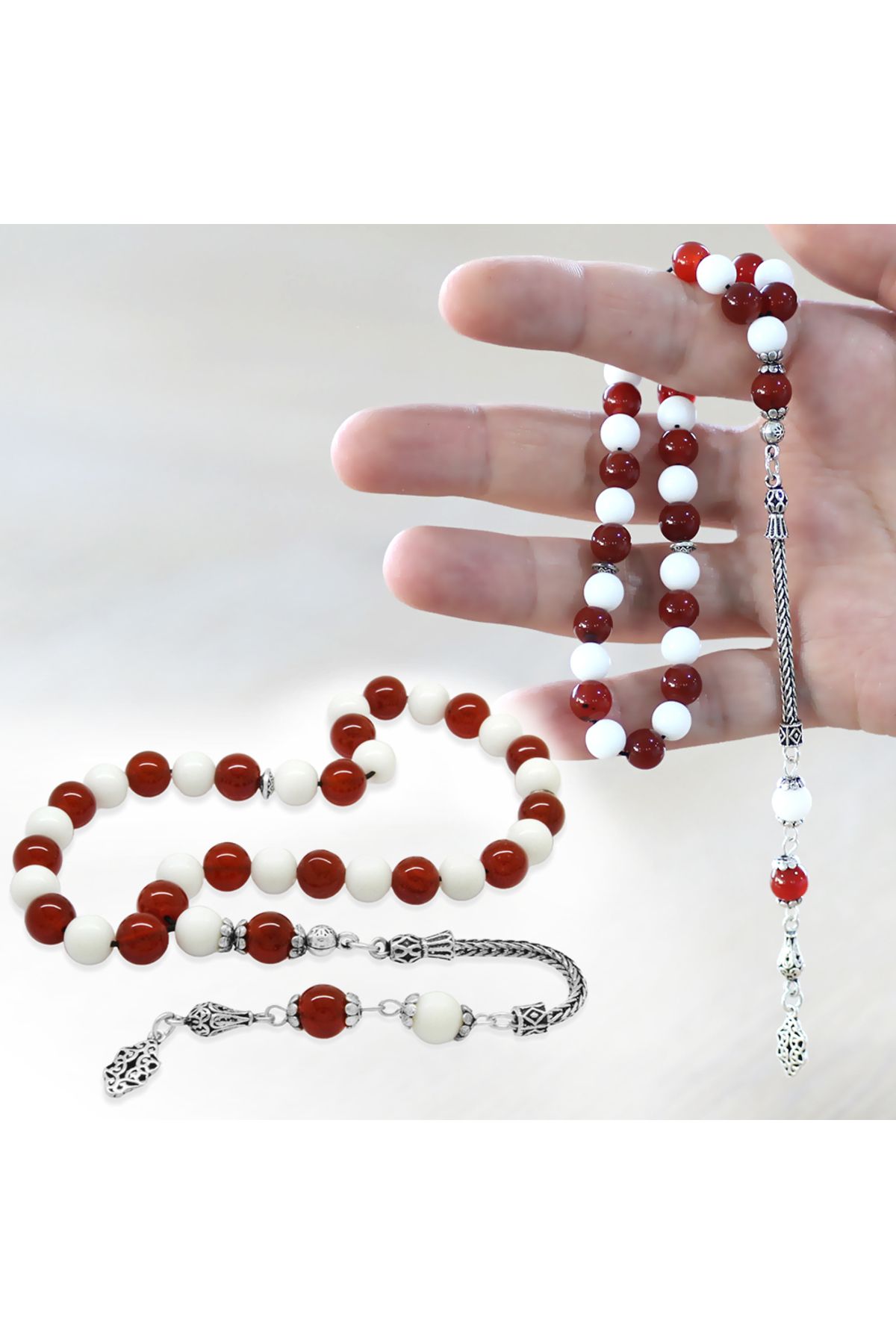 Tesbihane 925 Ayar Gümüş Foxtail Zincir Püsküllü Küre Kesim Kırmızı Beyaz Jade Akik Doğaltaş Taraftar Tesbih